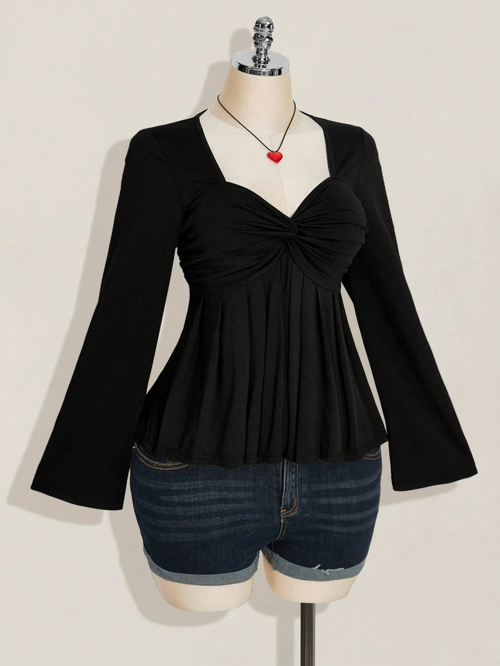 Plus Size Black Twist Front Babydoll Top – Y2K Knit Cute Going Out Top for Women