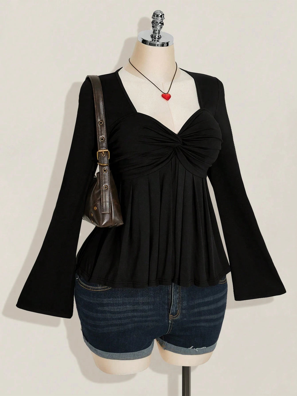 Plus Size Black Twist Front Babydoll Top – Y2K Knit Cute Going Out Top for Women