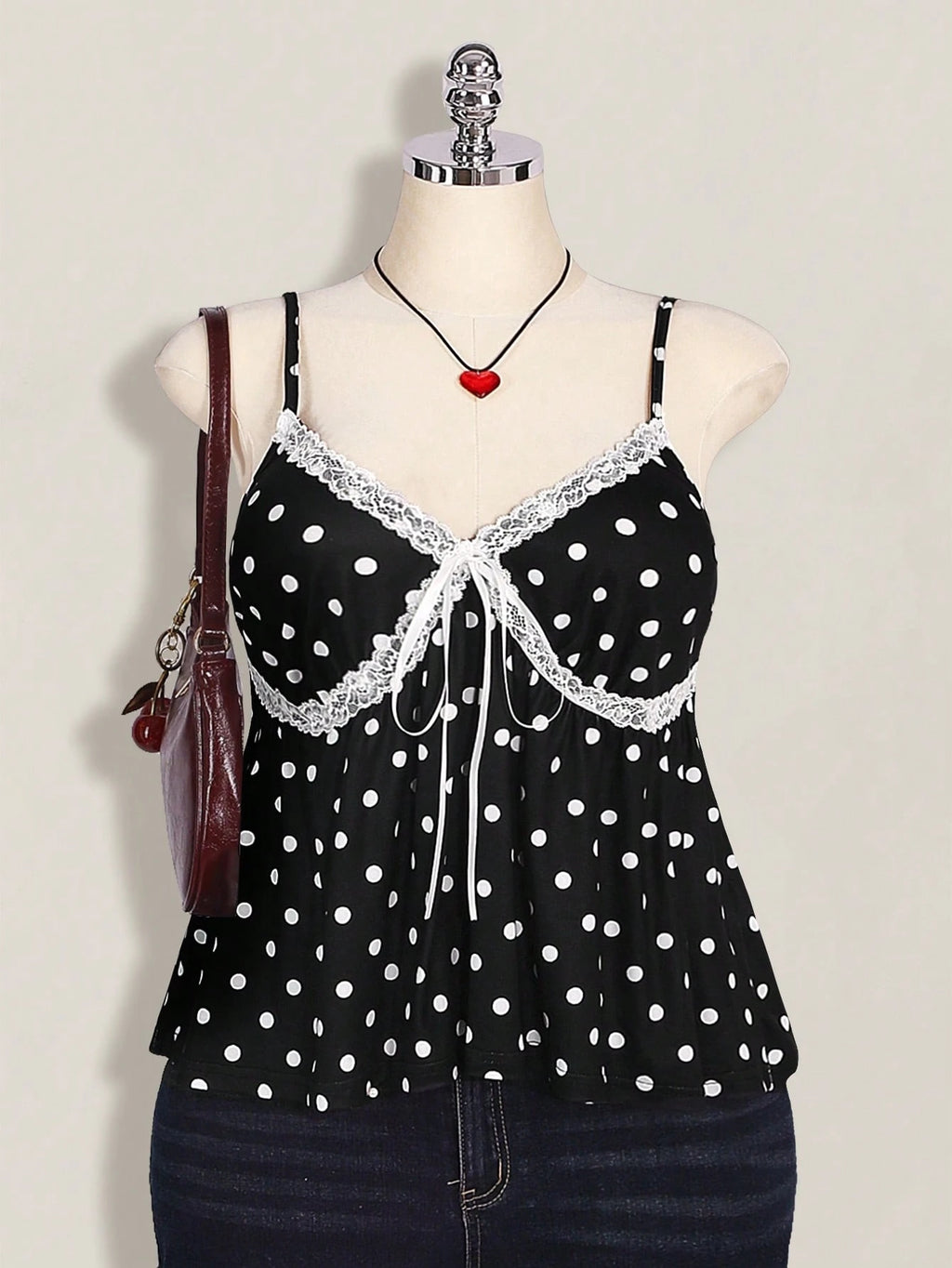 Plus Size Polka Dot Lace Camisole – Black & White Front Tie Y2K Cami Top