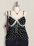 Plus Size Polka Dot Lace Camisole – Black & White Front Tie Y2K Cami Top