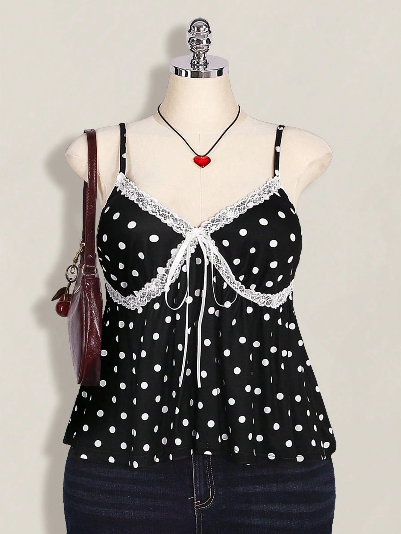 Plus Size Polka Dot Lace Camisole – Black & White Front Tie Y2K Cami Top