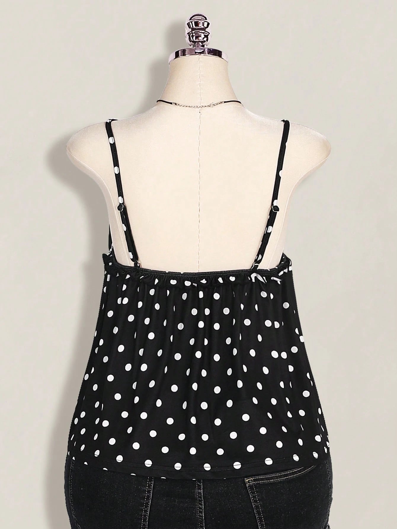 Plus Size Polka Dot Lace Camisole – Black & White Front Tie Y2K Cami Top