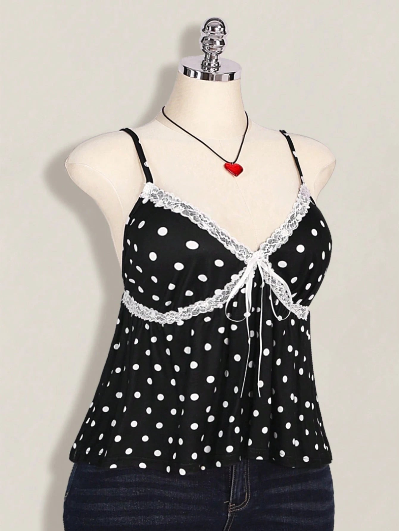 Plus Size Polka Dot Lace Camisole – Black & White Front Tie Y2K Cami Top