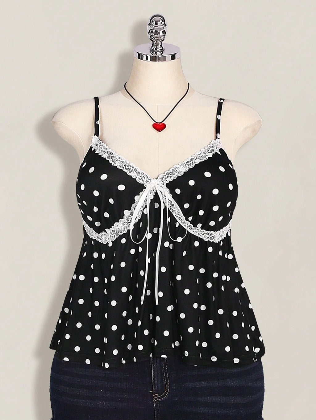 Plus Size Polka Dot Lace Camisole – Black & White Front Tie Y2K Cami Top