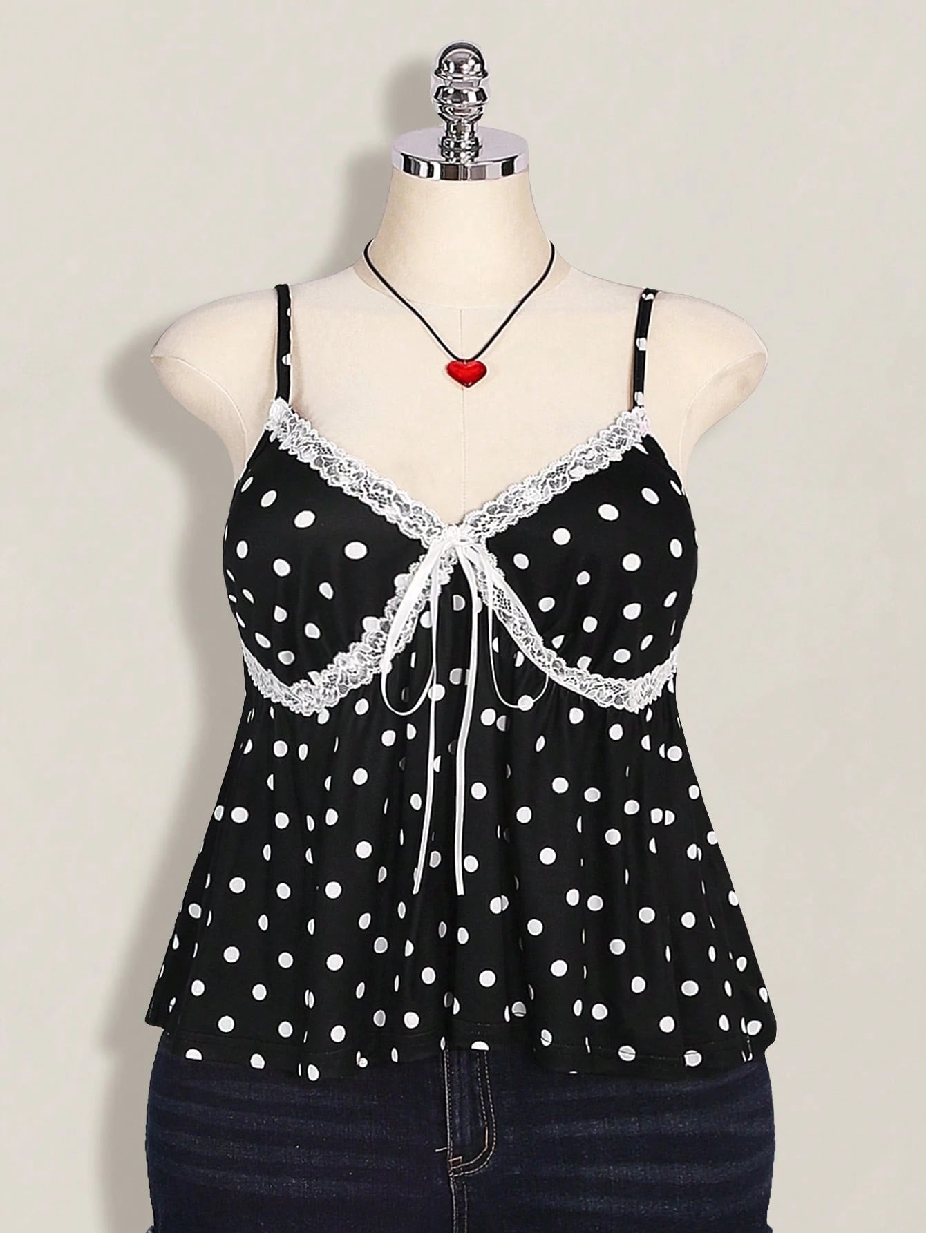 Plus Size Polka Dot Lace Camisole – Black & White Front Tie Y2K Cami Top