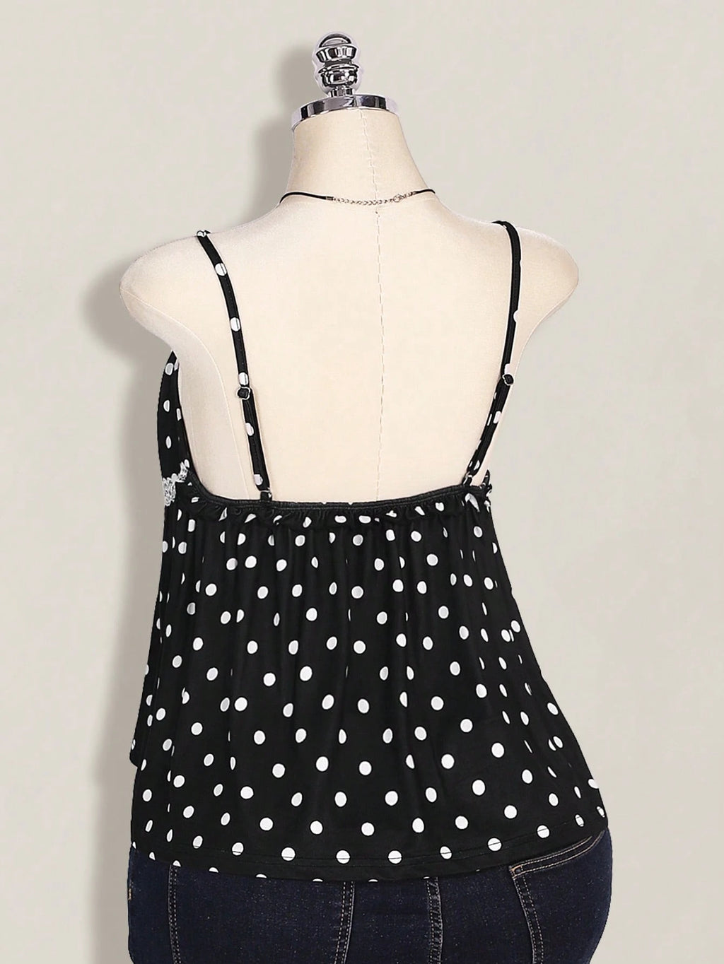 Plus Size Polka Dot Lace Camisole – Black & White Front Tie Y2K Cami Top