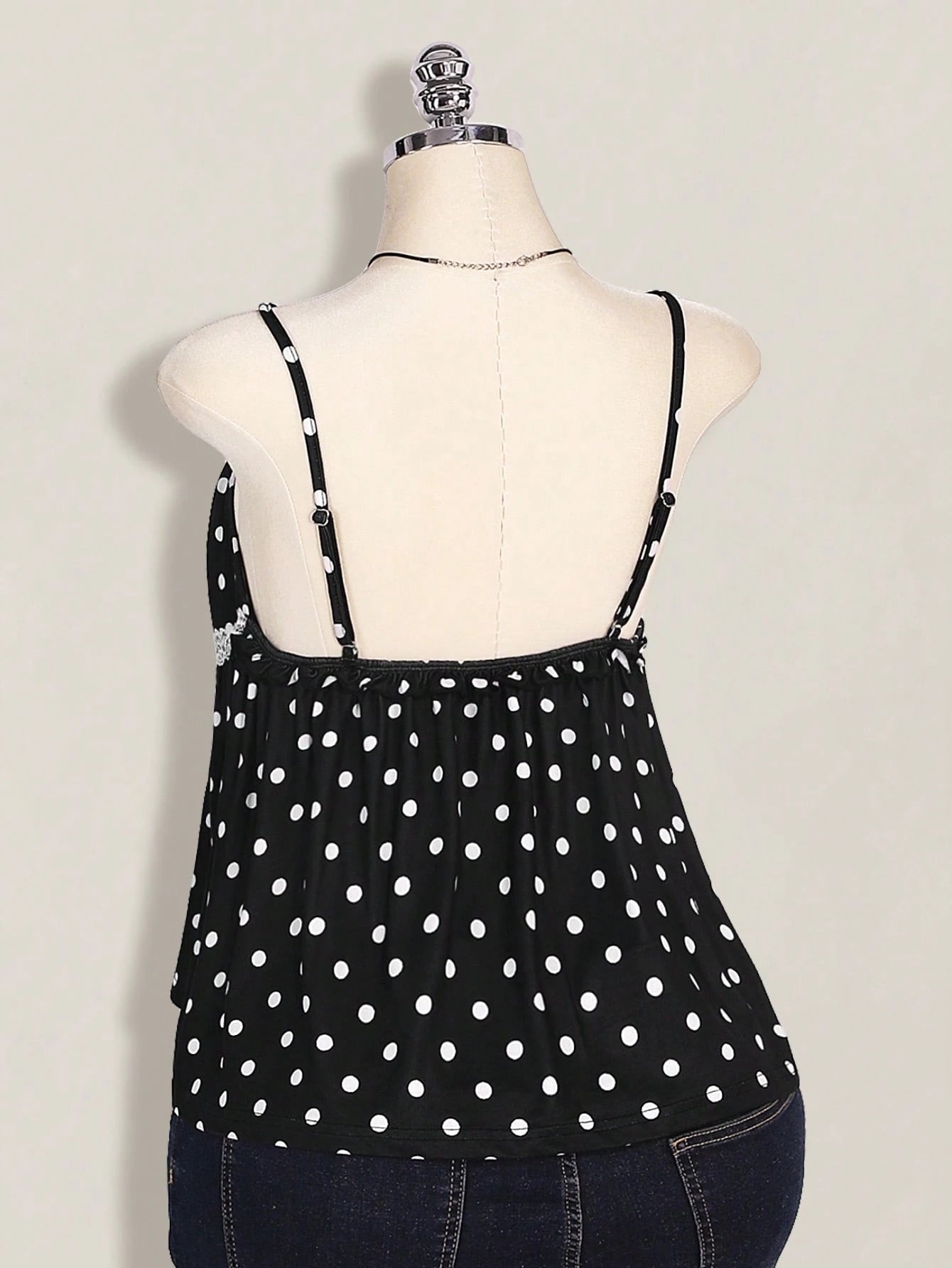 Plus Size Polka Dot Lace Camisole – Black & White Front Tie Y2K Cami Top