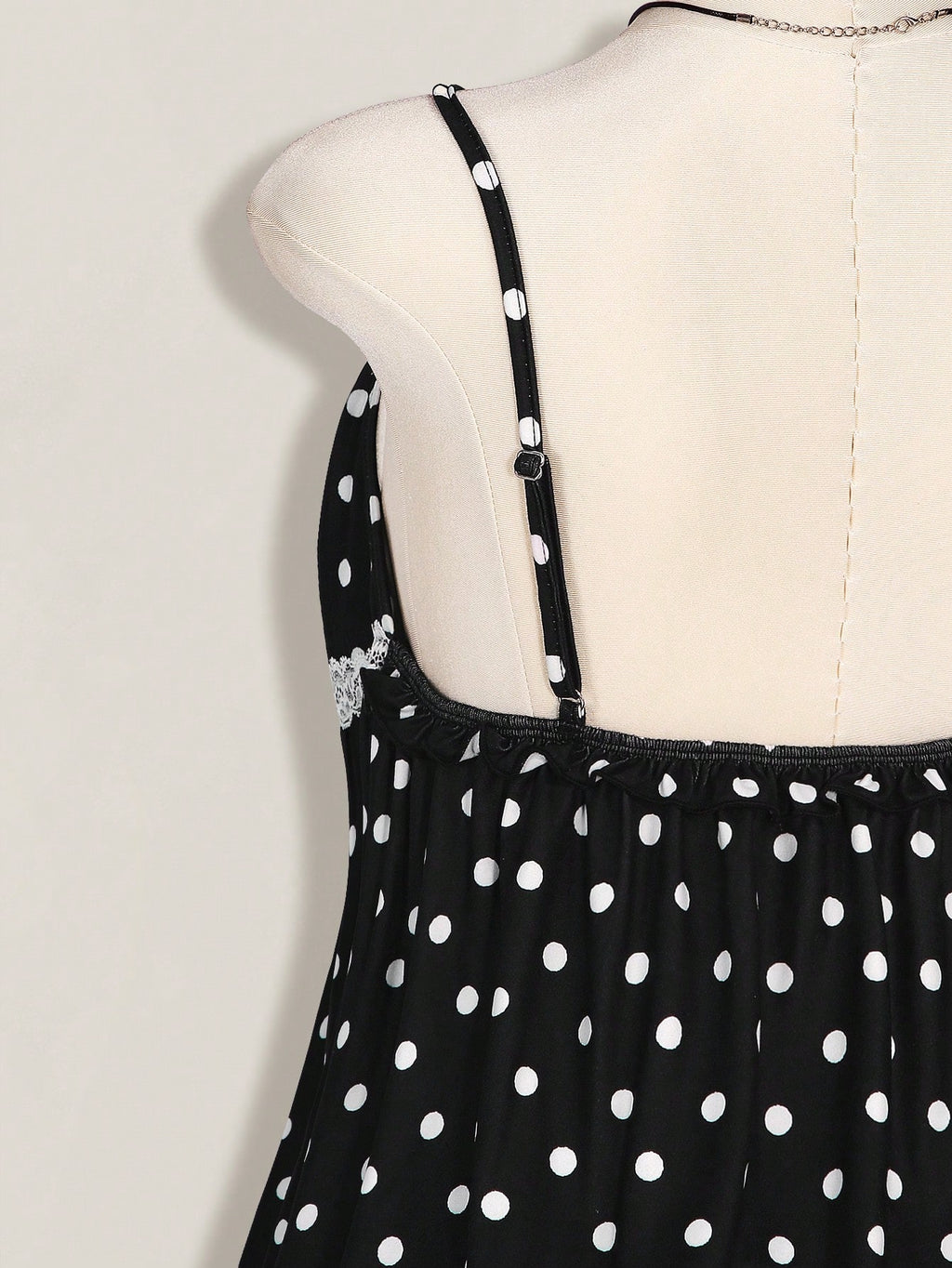 Plus Size Polka Dot Lace Camisole – Black & White Front Tie Y2K Cami Top