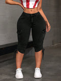 SHEIN ICON Plus Size Cargo Pocket Drawstring Cropped Jeans – Casual High Waist Streetwear Denim Pants for Women