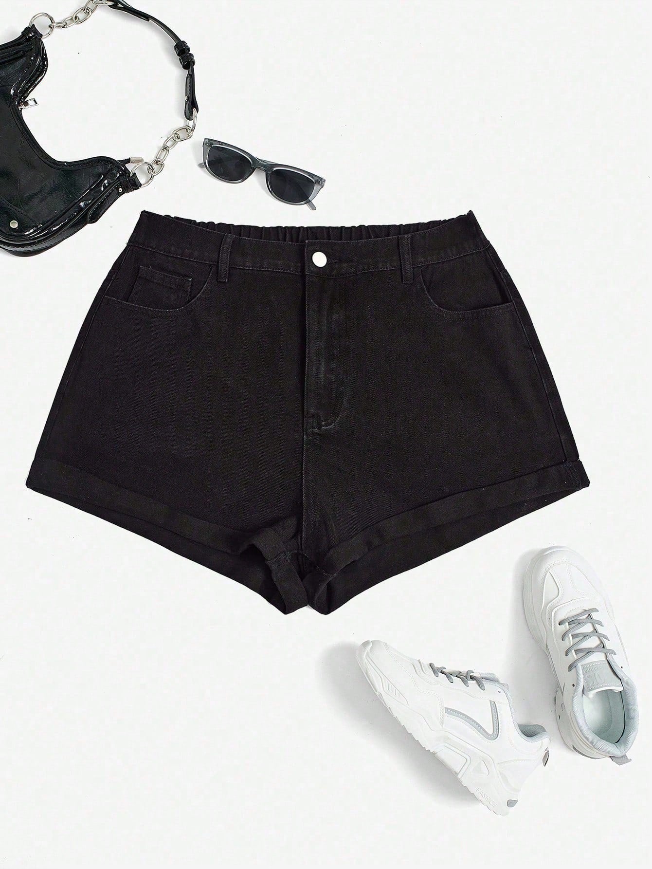 Plus Size Cuffed Denim Shorts – Casual High Waist Summer Jean Shorts for Women