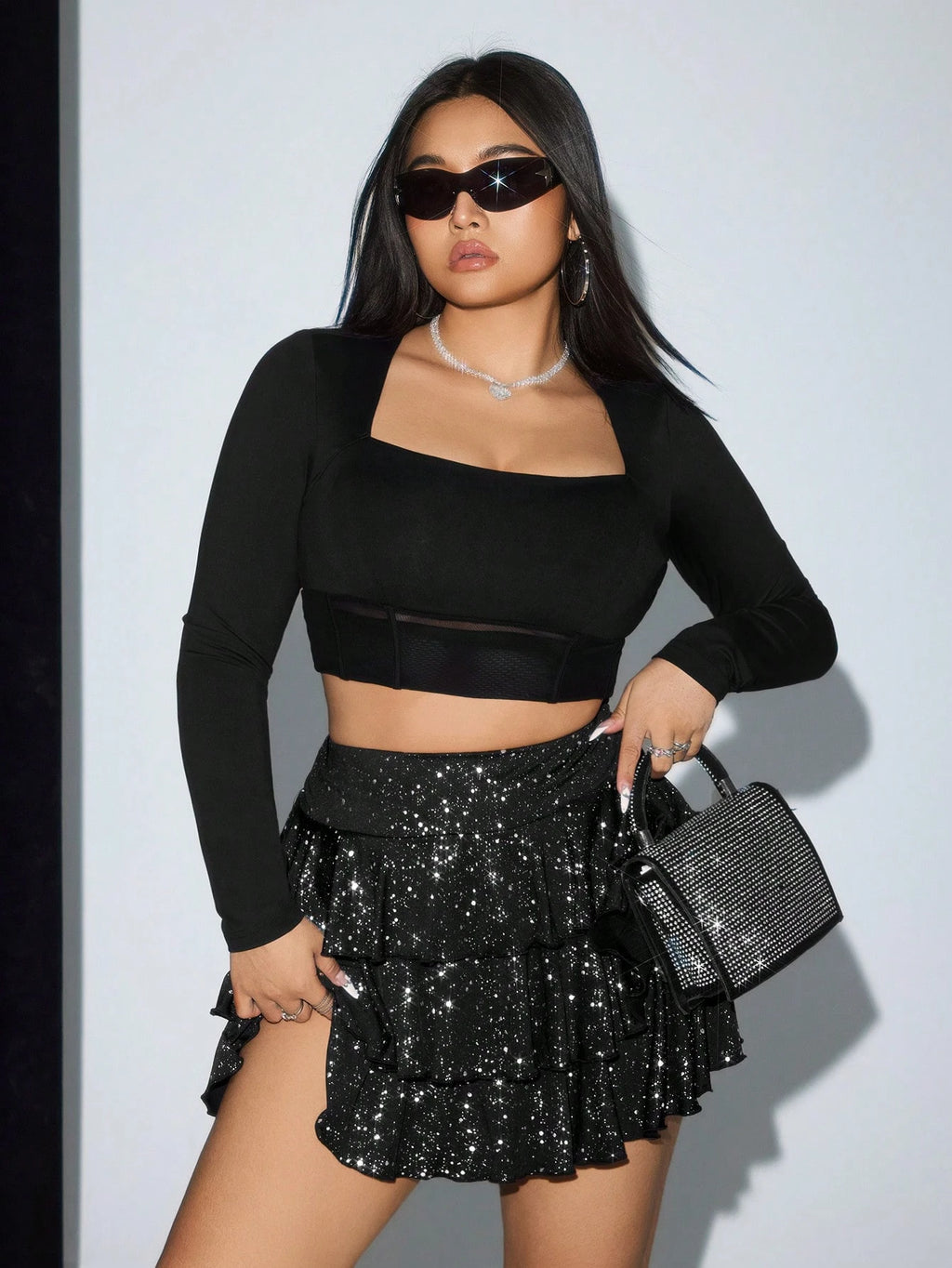 Plus Size Glitter Layered Cake Skirt – Y2K Sparkly Party Mini Skirt for Women