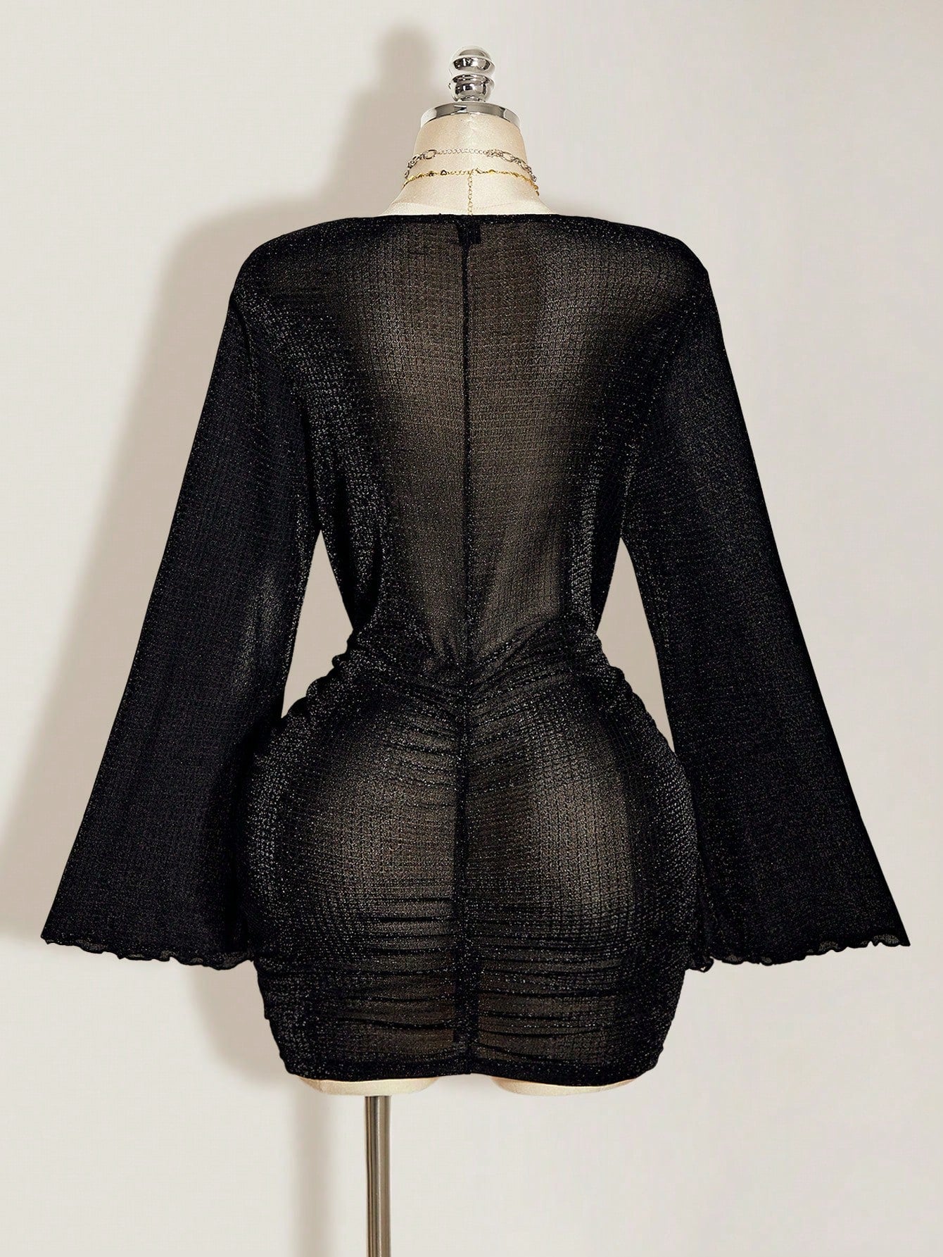 Plus Size Gold Plunging Neck Mini Dress – Black Sheer Party Bodycon Dress for Women