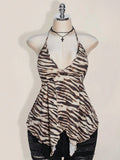 Plus Size Zebra Print Backless Summer Top – Sexy Y2K Vacation Festival Halter Blouse for Women