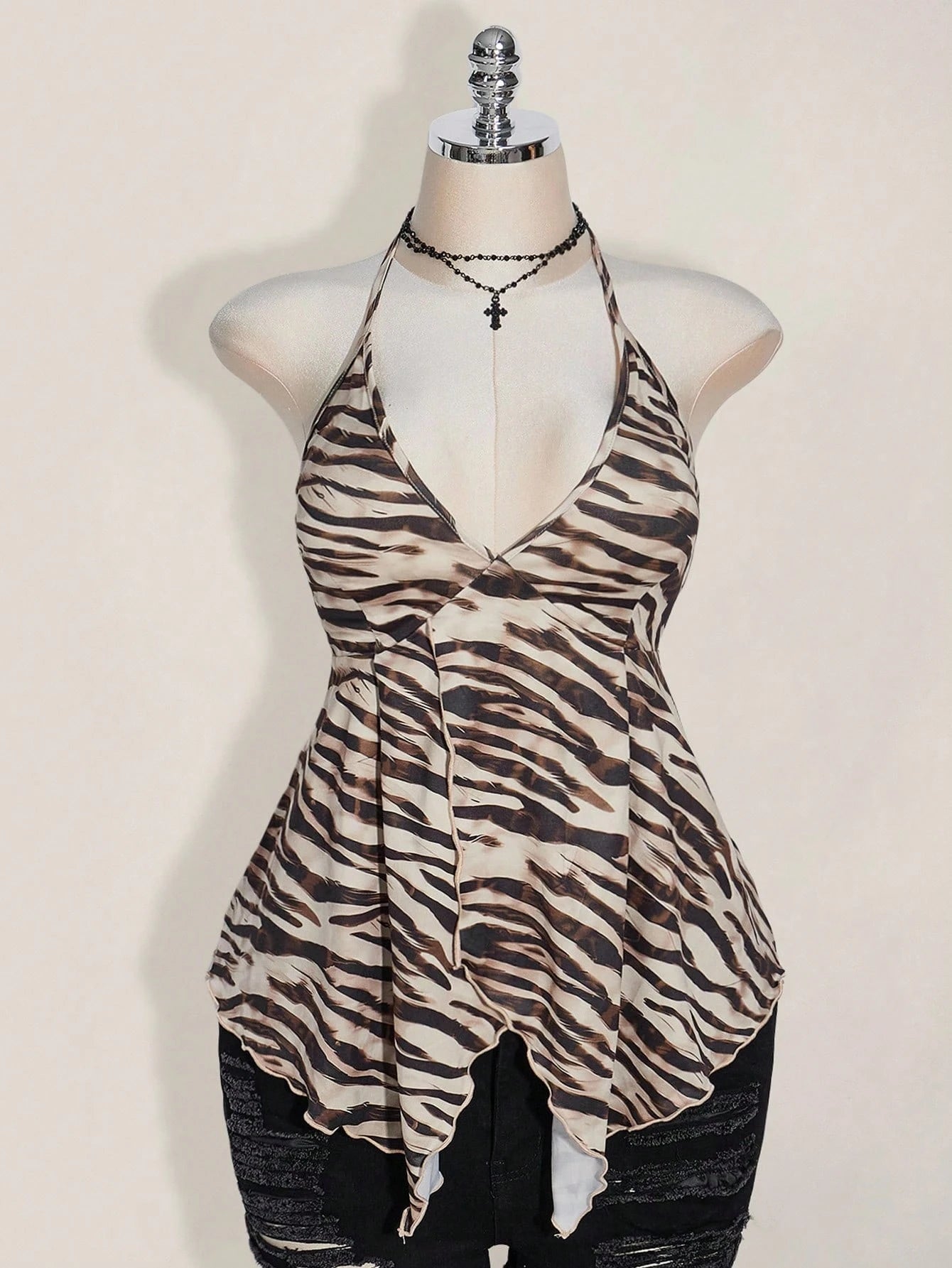 Plus Size Zebra Print Backless Summer Top – Sexy Y2K Vacation Festival Halter Blouse for Women