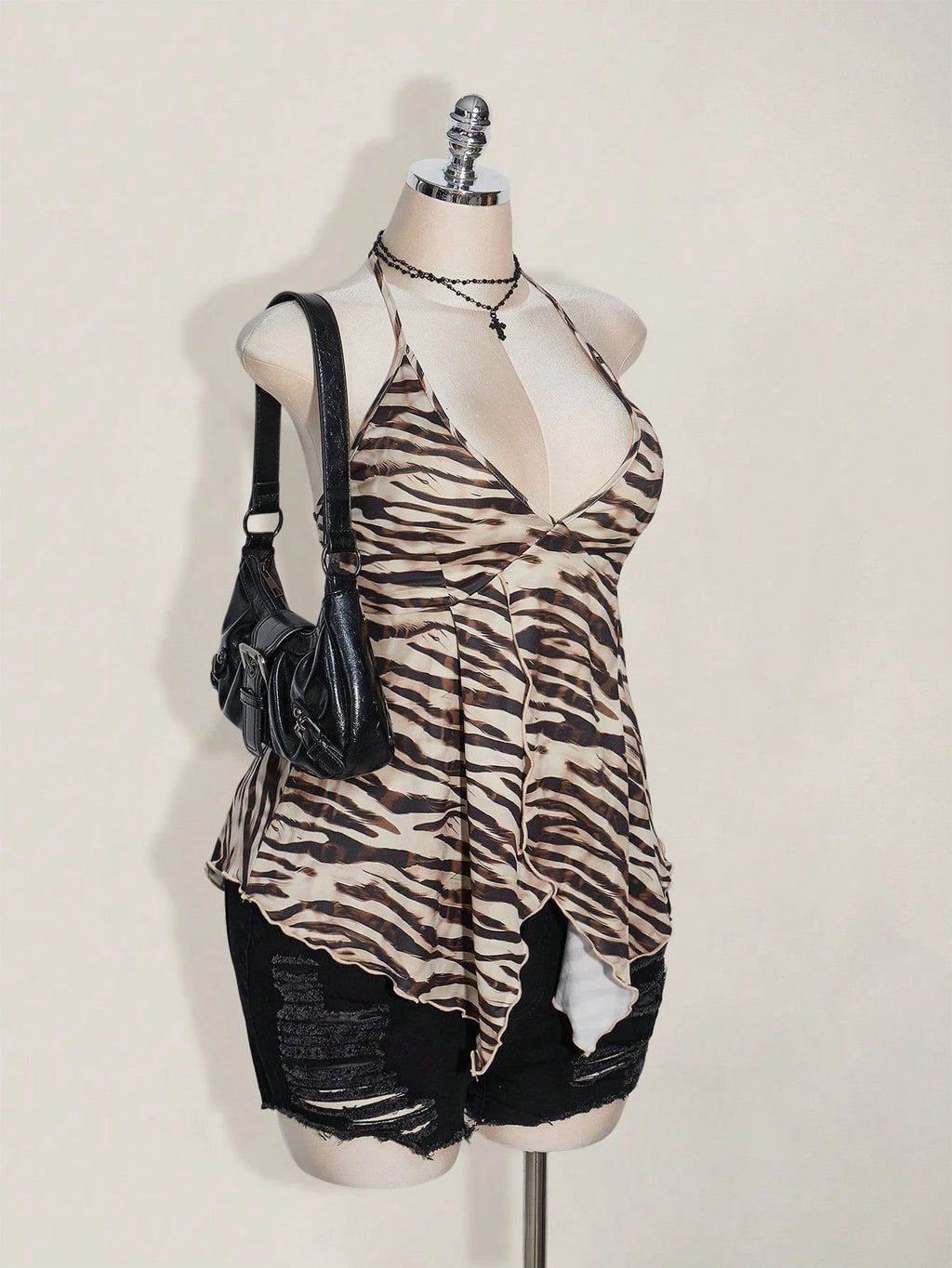 Plus Size Zebra Print Backless Summer Top – Sexy Y2K Vacation Festival Halter Blouse for Women