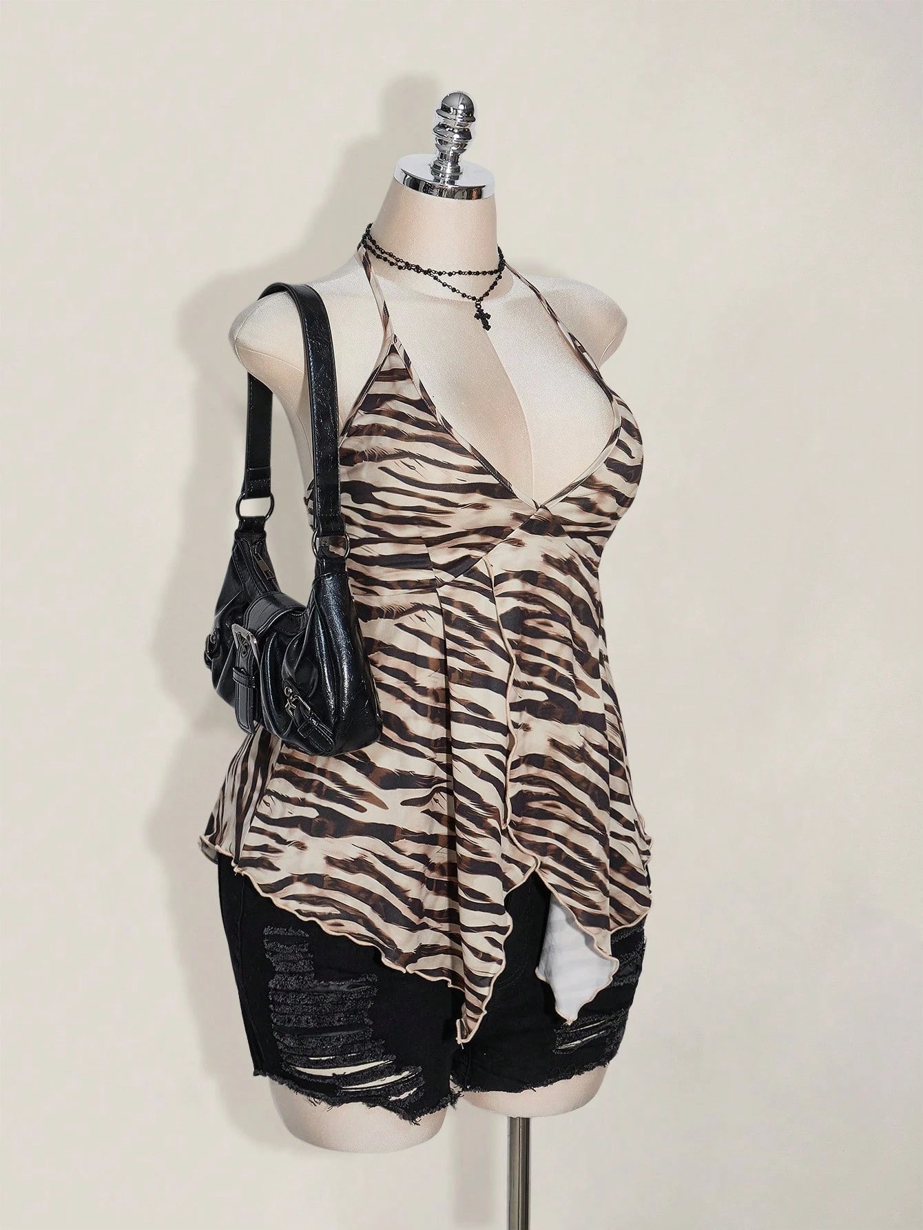 Plus Size Zebra Print Backless Summer Top – Sexy Y2K Vacation Festival Halter Blouse for Women