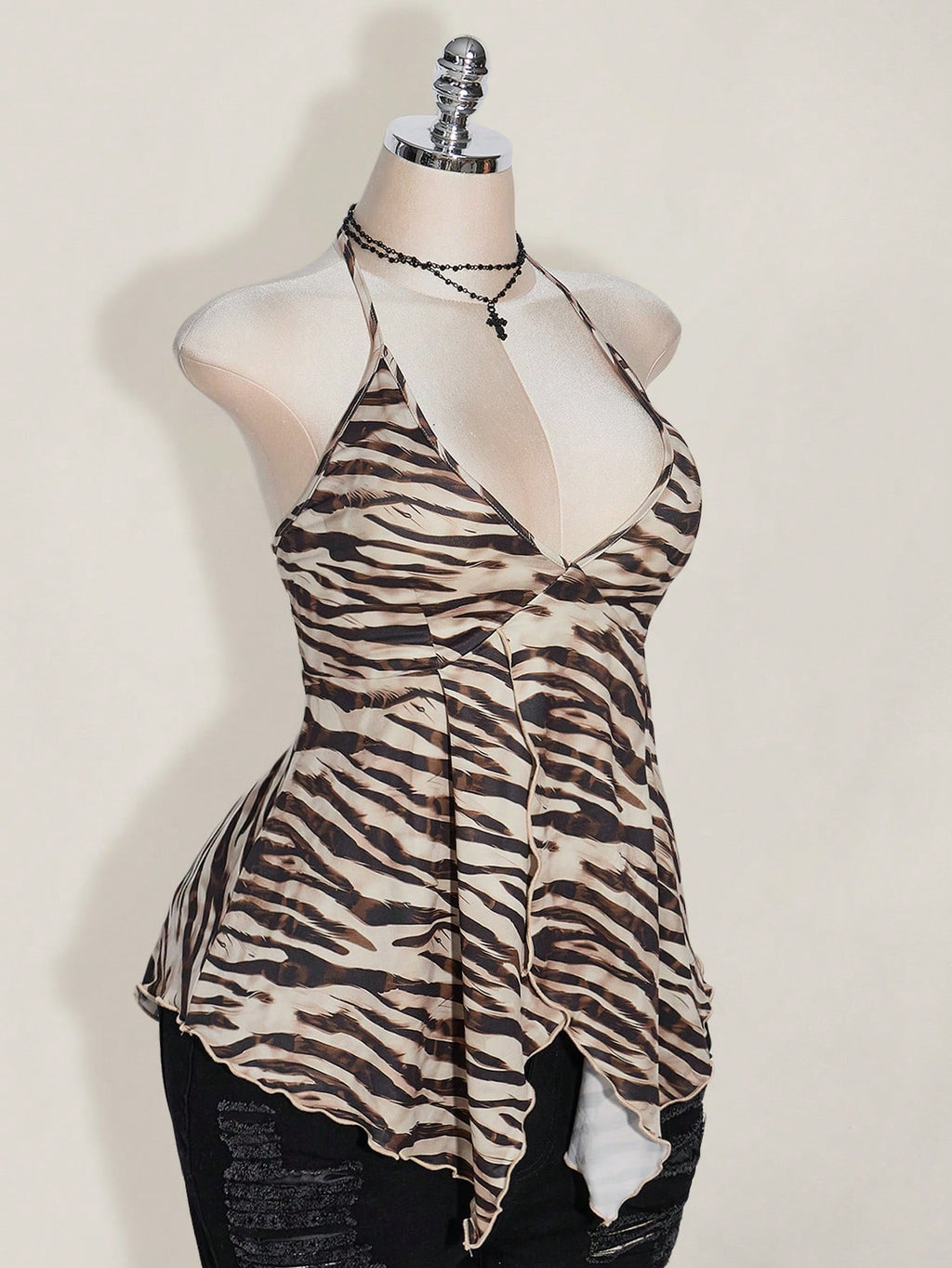 Plus Size Zebra Print Backless Summer Top – Sexy Y2K Vacation Festival Halter Blouse for Women