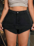 Plus Size Solid Denim Slit Skirt Jeans – High Waist Casual Y2K Midi Skirt for Women
