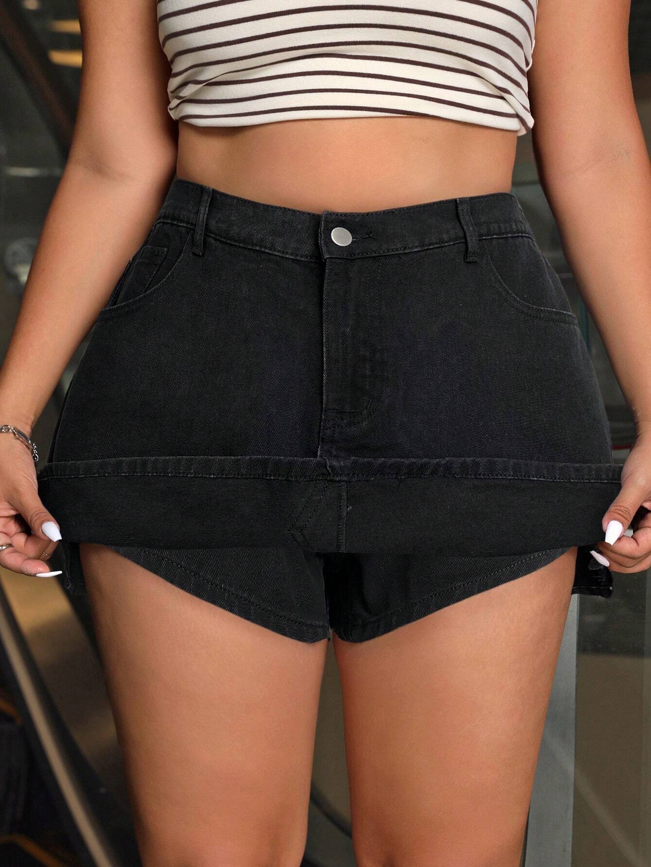 Plus Size Solid Denim Slit Skirt Jeans – High Waist Casual Y2K Midi Skirt for Women