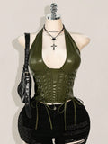 Plus Size Burgundy PU Leather Halter Corset Top – Y2K Gothic Buckle Tank for Women