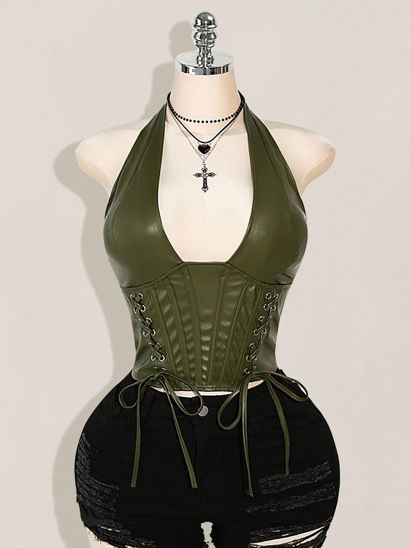 Plus Size Burgundy PU Leather Halter Corset Top – Y2K Gothic Buckle Tank for Women