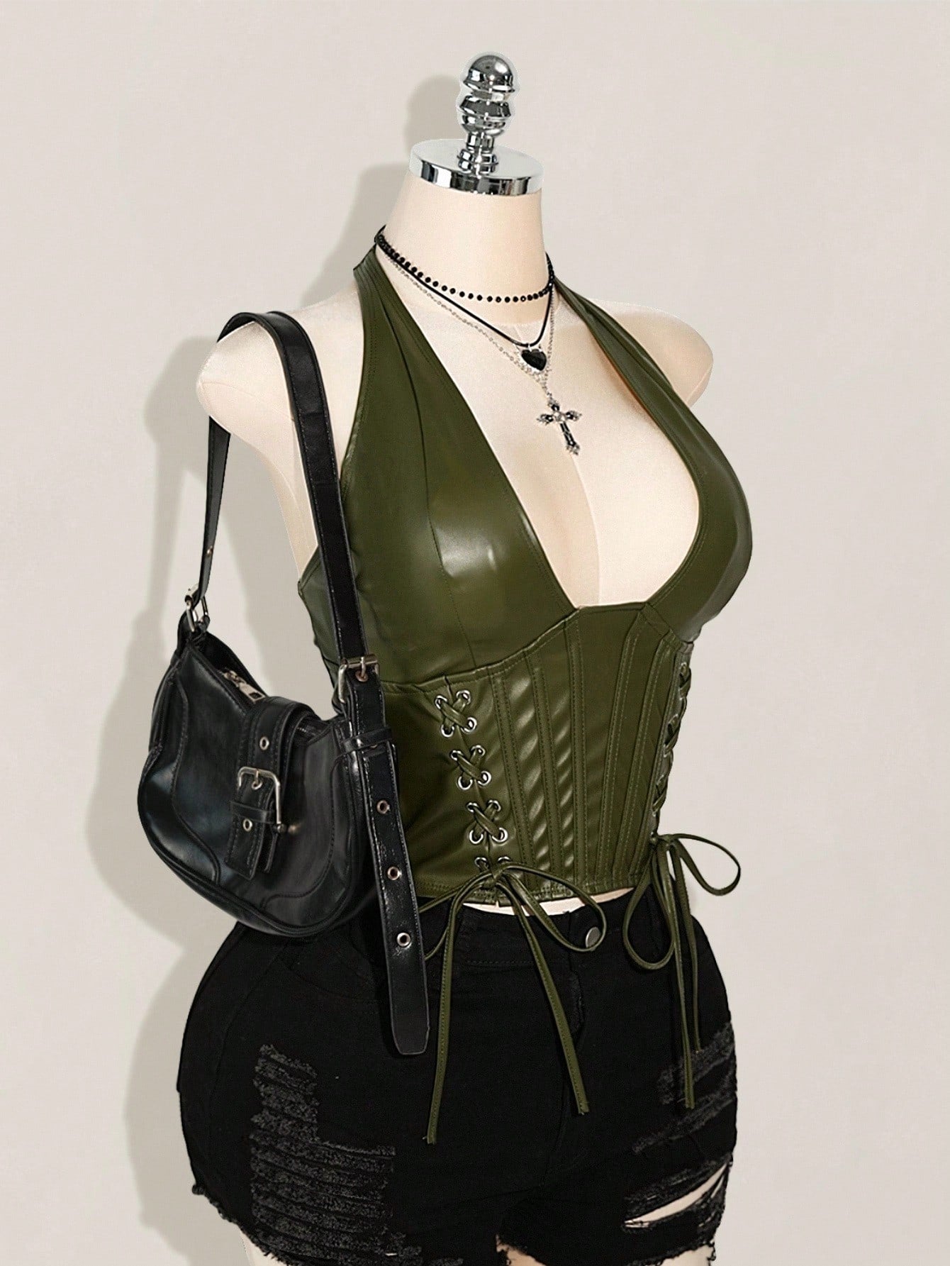 Plus Size Burgundy PU Leather Halter Corset Top – Y2K Gothic Buckle Tank for Women
