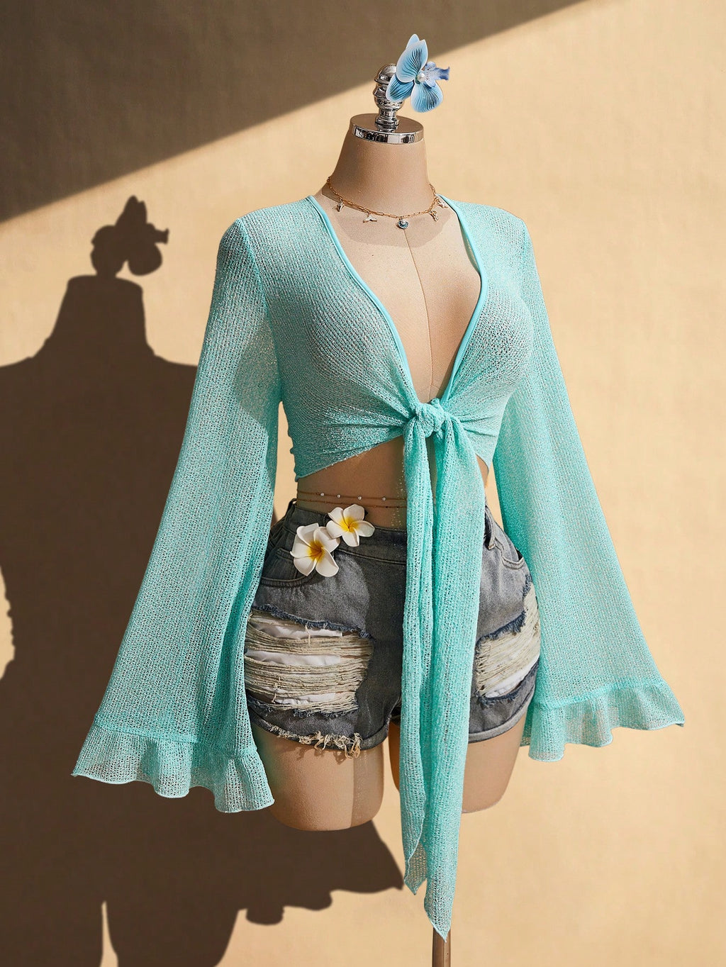 Plus Size Y2K Emerald Green V-Neck Tie Top – Retro Ruffle Sleeve Knit Summer Blouse