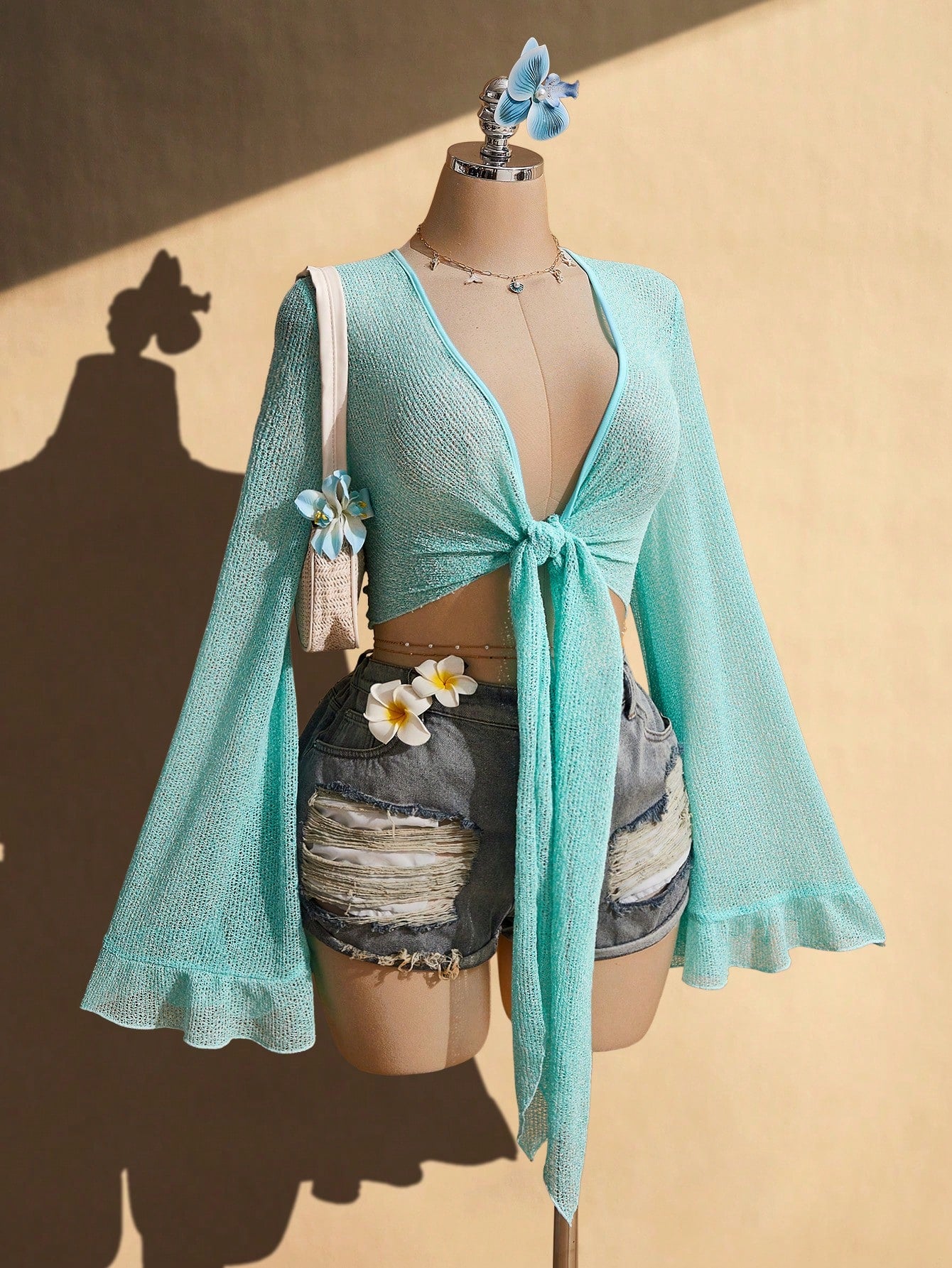 Plus Size Y2K Emerald Green V-Neck Tie Top – Retro Ruffle Sleeve Knit Summer Blouse