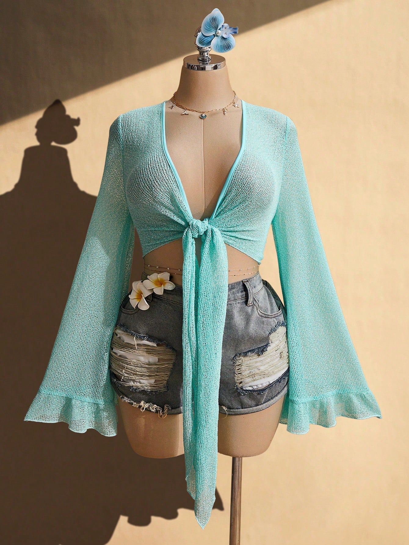 Plus Size Y2K Emerald Green V-Neck Tie Top – Retro Ruffle Sleeve Knit Summer Blouse
