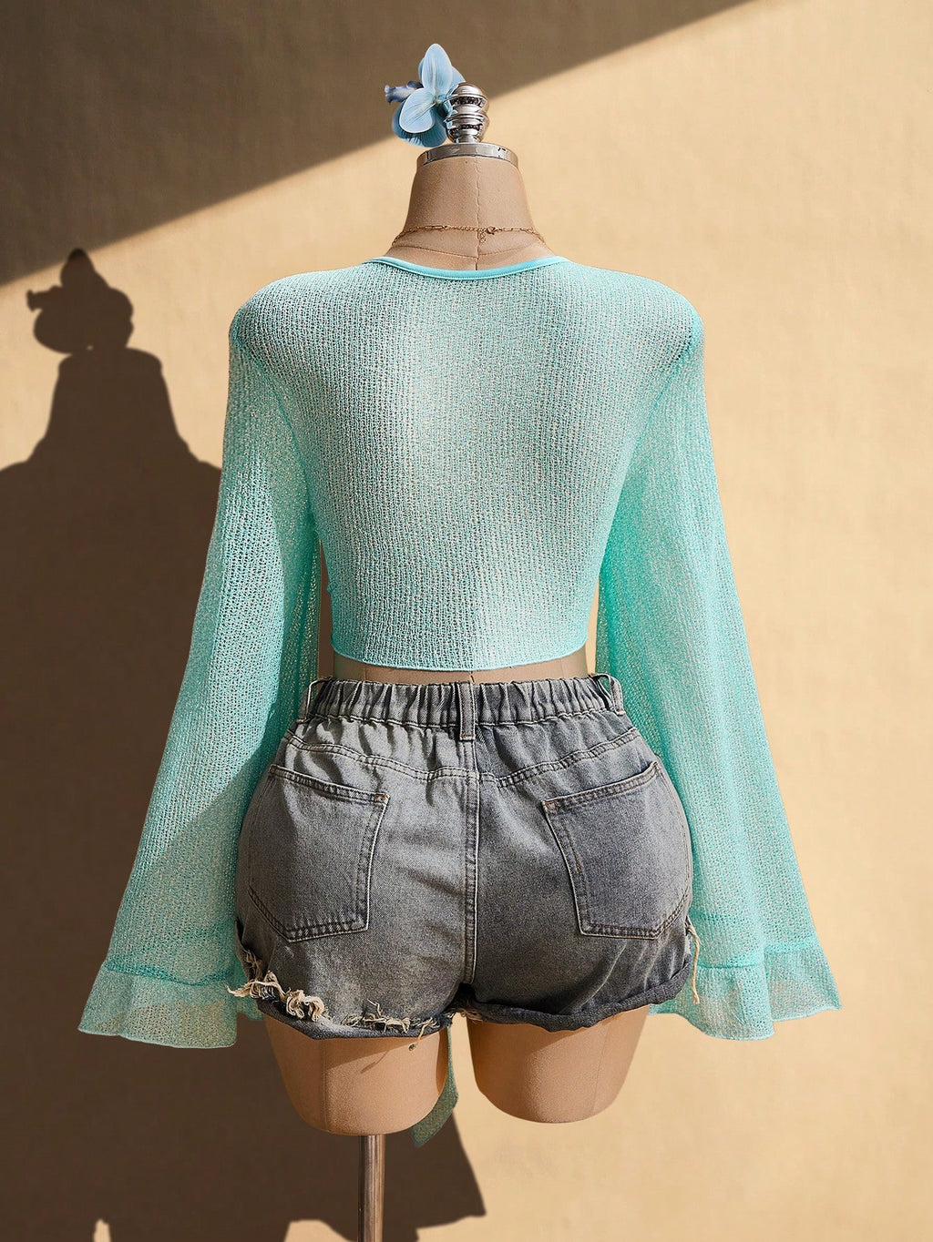 Plus Size Y2K Emerald Green V-Neck Tie Top – Retro Ruffle Sleeve Knit Summer Blouse
