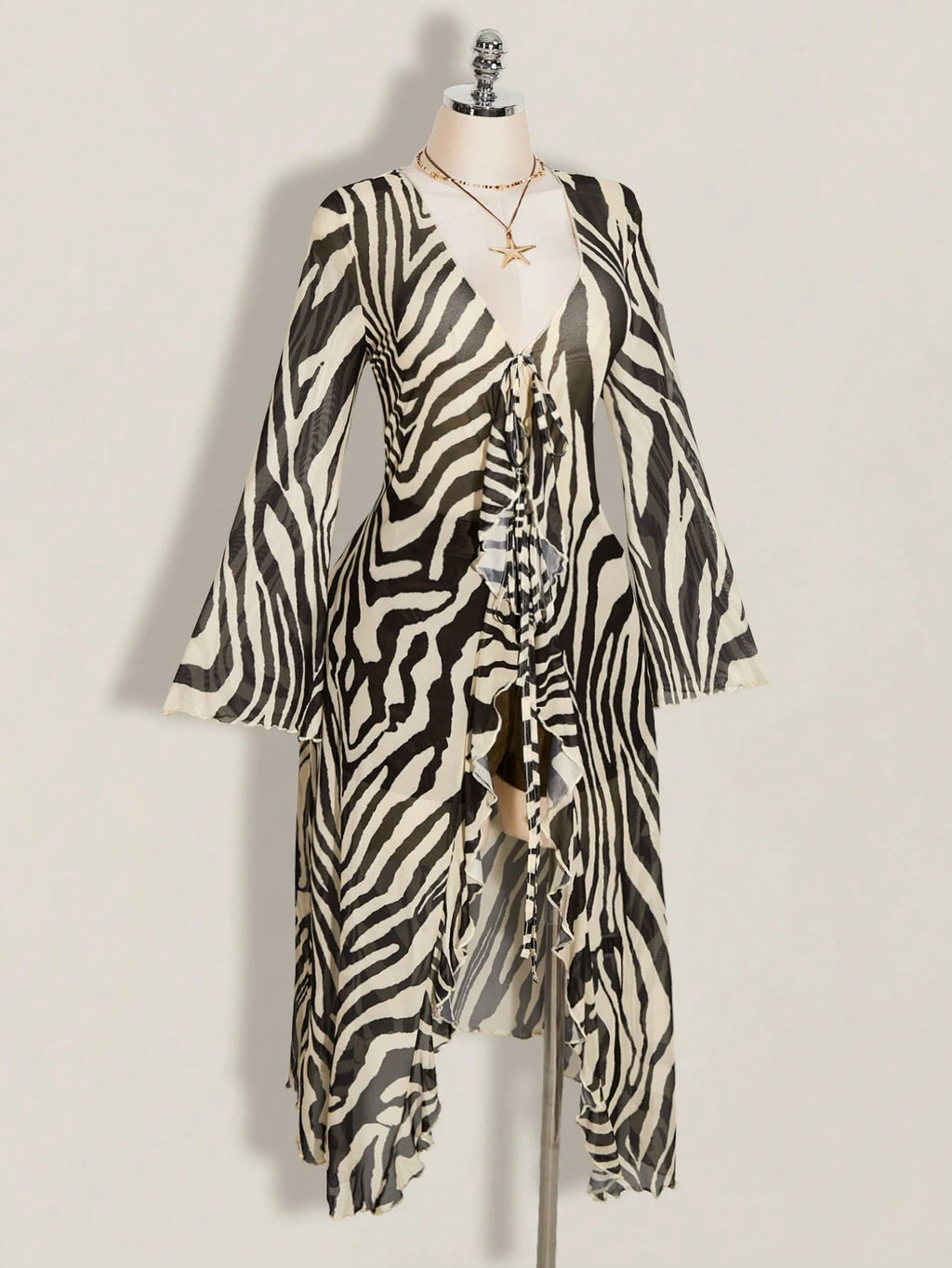 Plus Size Y2K Zebra Print Mesh Top – V-Neck Front Tie Ruffle Bell Sleeve Festival Blouse for Women