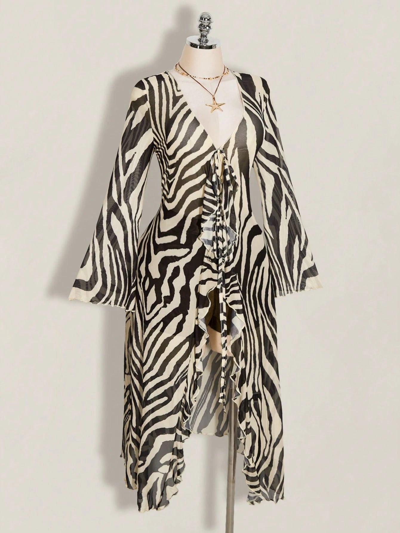 Plus Size Y2K Zebra Print Mesh Top – V-Neck Front Tie Ruffle Bell Sleeve Festival Blouse for Women