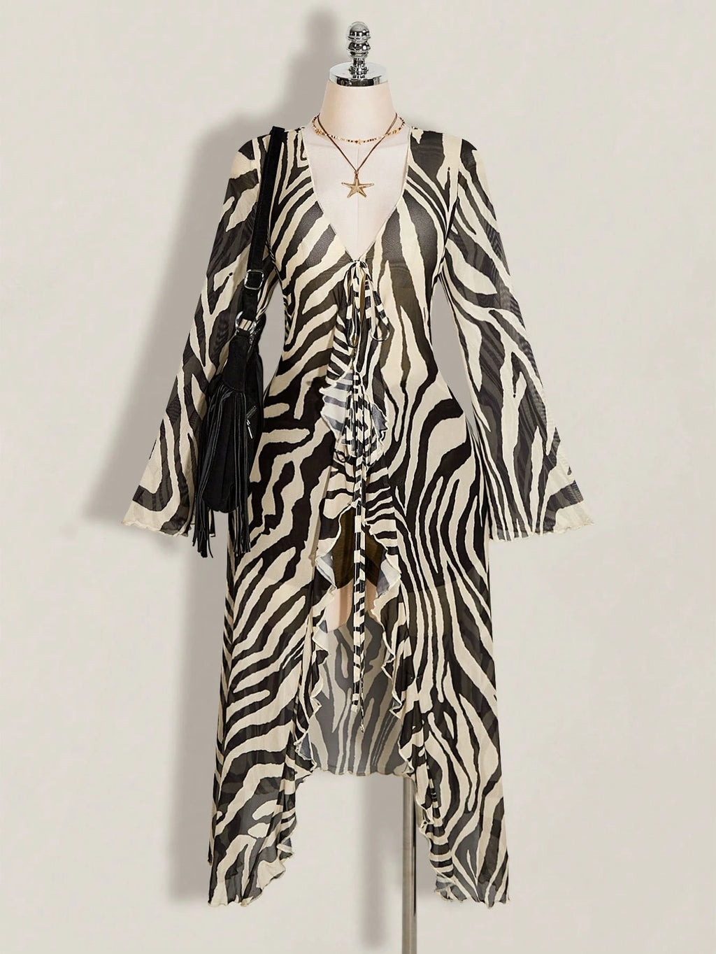 Plus Size Y2K Zebra Print Mesh Top – V-Neck Front Tie Ruffle Bell Sleeve Festival Blouse for Women