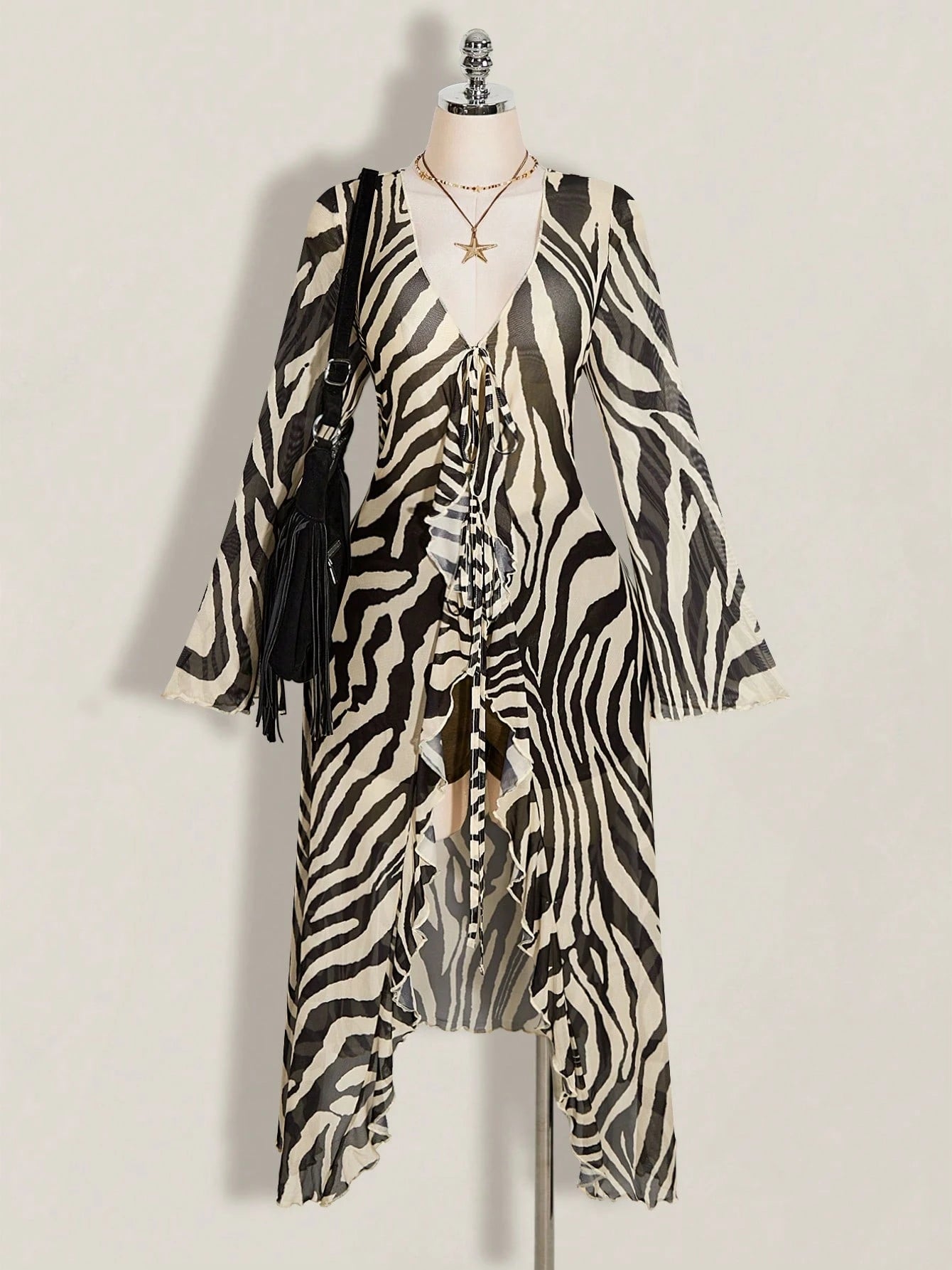 Plus Size Y2K Zebra Print Mesh Top – V-Neck Front Tie Ruffle Bell Sleeve Festival Blouse for Women