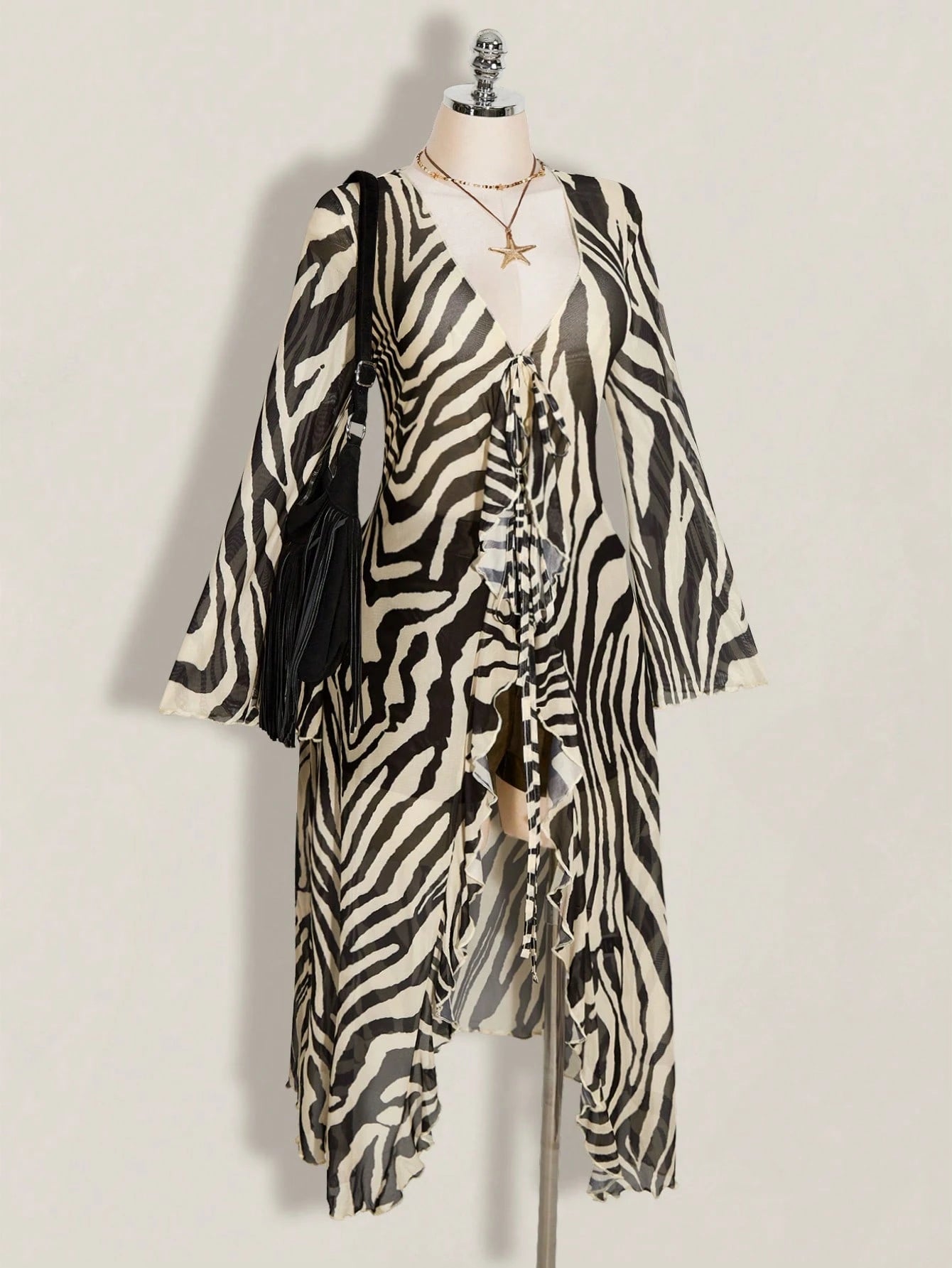 Plus Size Y2K Zebra Print Mesh Top – V-Neck Front Tie Ruffle Bell Sleeve Festival Blouse for Women