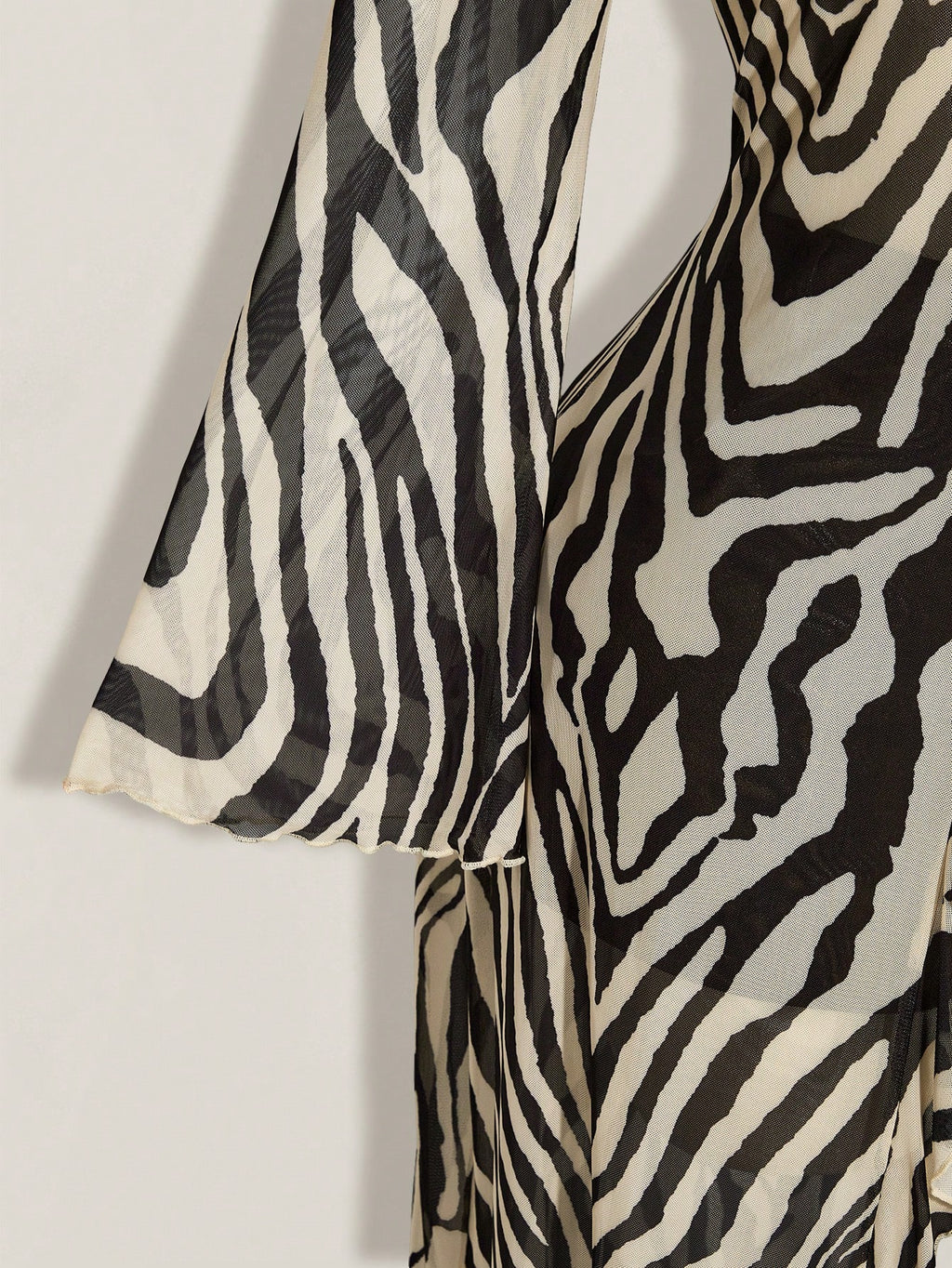 Plus Size Y2K Zebra Print Mesh Top – V-Neck Front Tie Ruffle Bell Sleeve Festival Blouse for Women