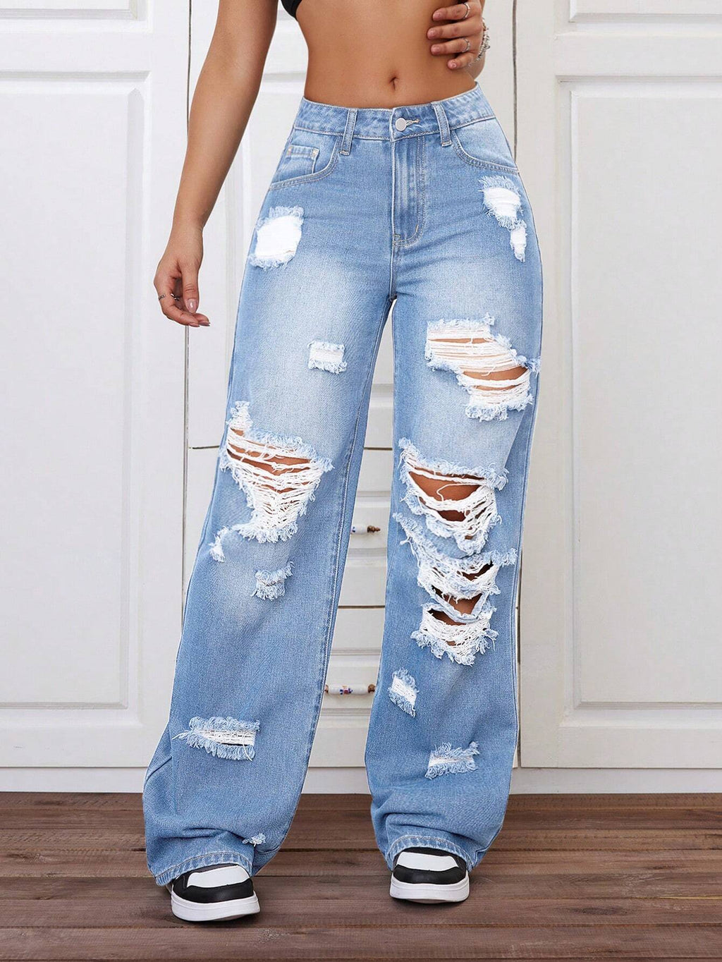 SHEIN ICON Plus Size Distressed Straight Leg Jeans for Women – Y2K Street Style Summer Denim