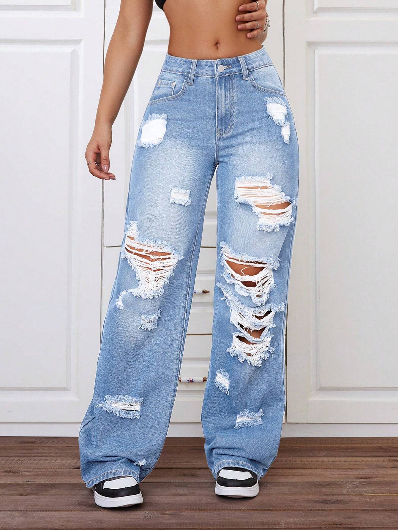 SHEIN ICON Plus Size Distressed Straight Leg Jeans for Women – Y2K Street Style Summer Denim