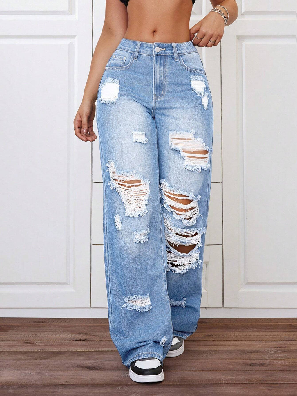 SHEIN ICON Plus Size Distressed Straight Leg Jeans for Women – Y2K Street Style Summer Denim