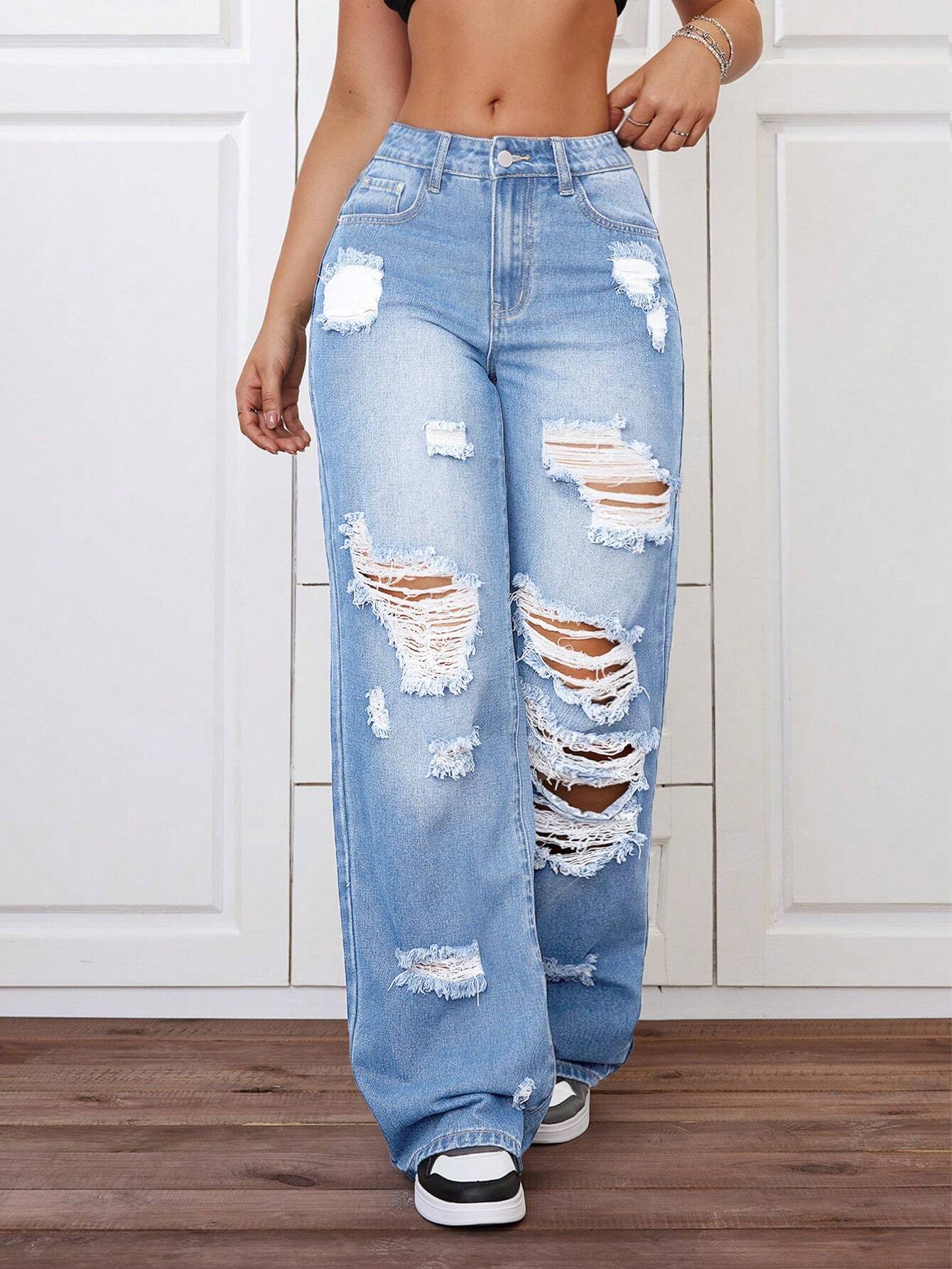 SHEIN ICON Plus Size Distressed Straight Leg Jeans for Women – Y2K Street Style Summer Denim