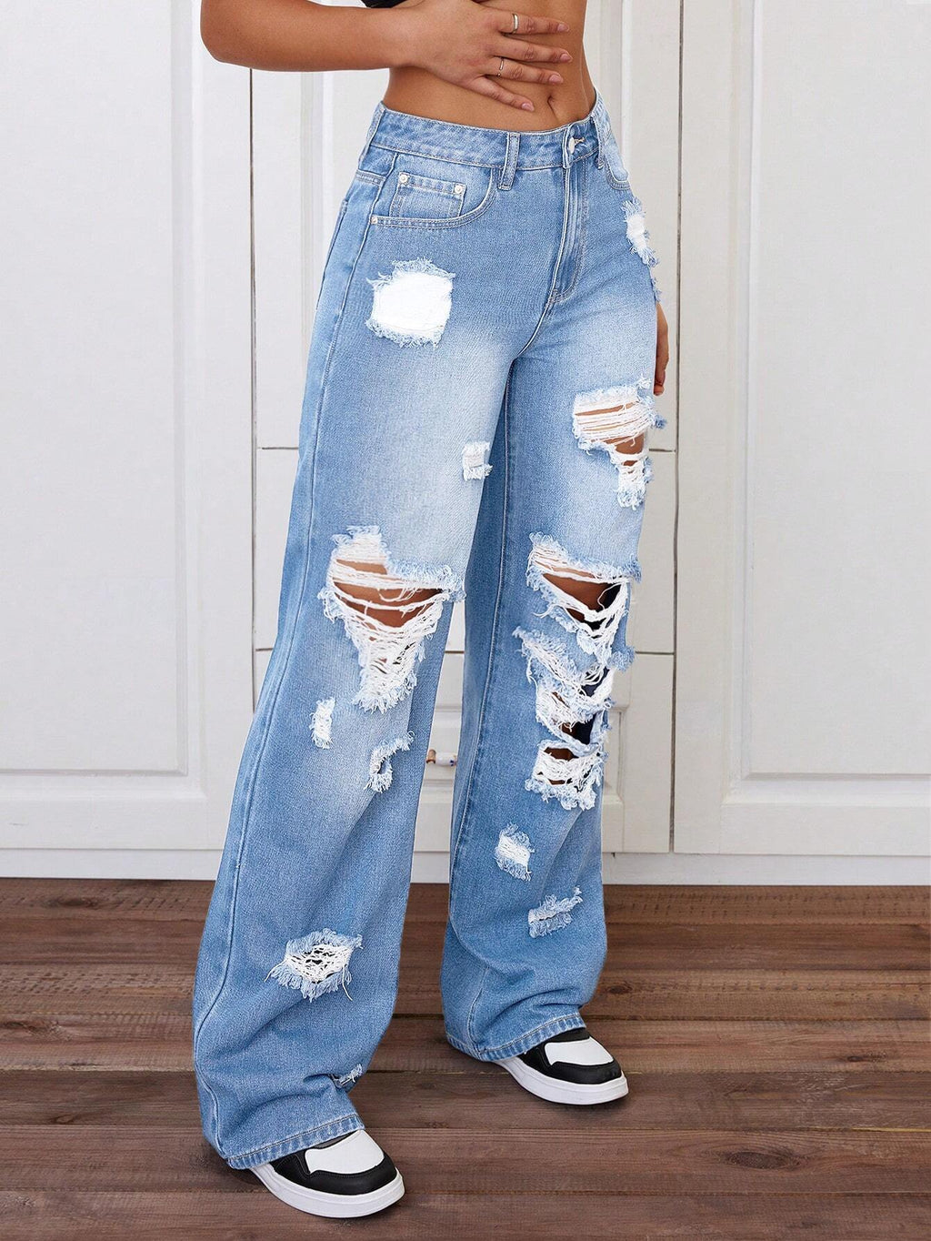 SHEIN ICON Plus Size Distressed Straight Leg Jeans for Women – Y2K Street Style Summer Denim