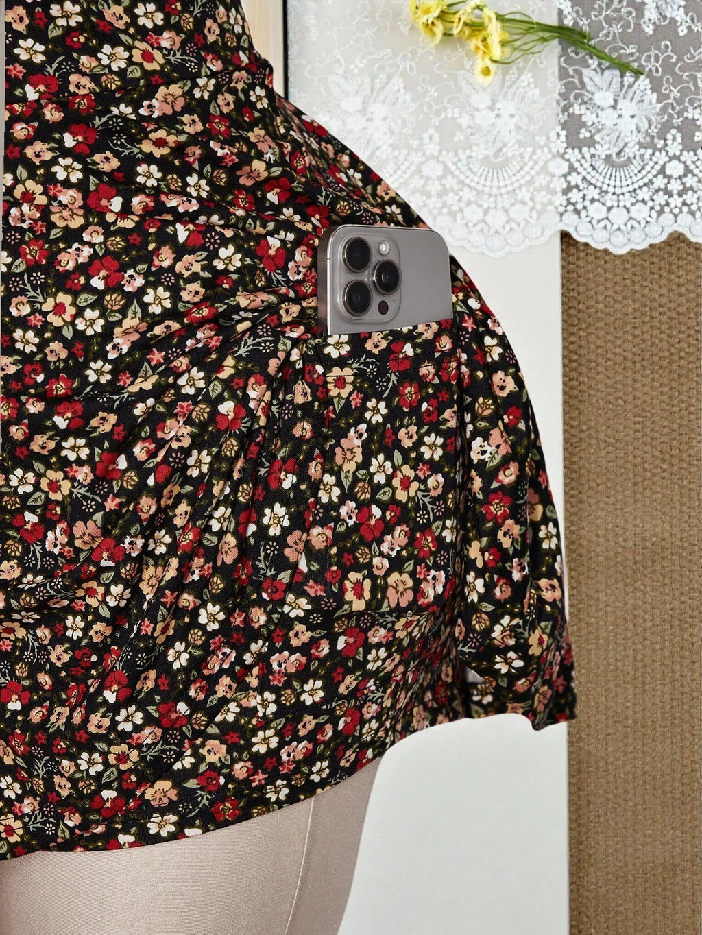 Plus Size Floral Square Neck Romper – Ruffle Hem Stretch Jumpsuit Shorts with Pockets