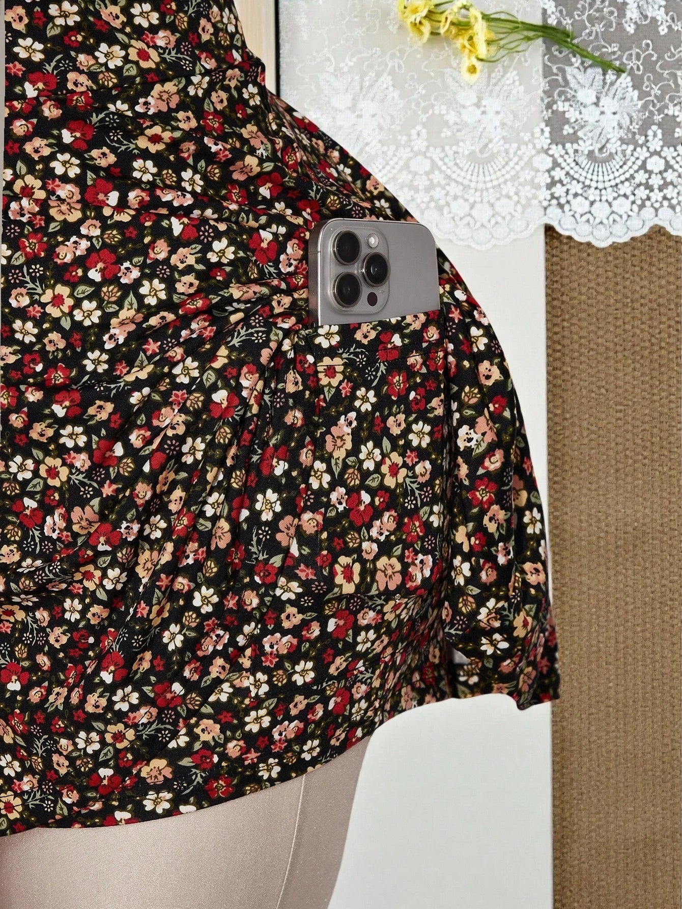 Plus Size Floral Square Neck Romper – Ruffle Hem Stretch Jumpsuit Shorts with Pockets