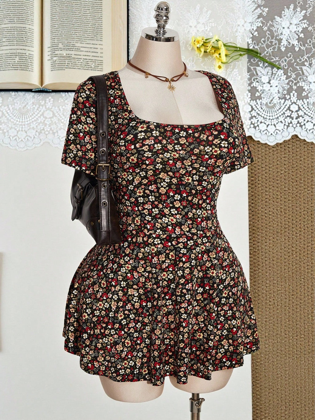 Plus Size Floral Square Neck Romper – Ruffle Hem Stretch Jumpsuit Shorts with Pockets