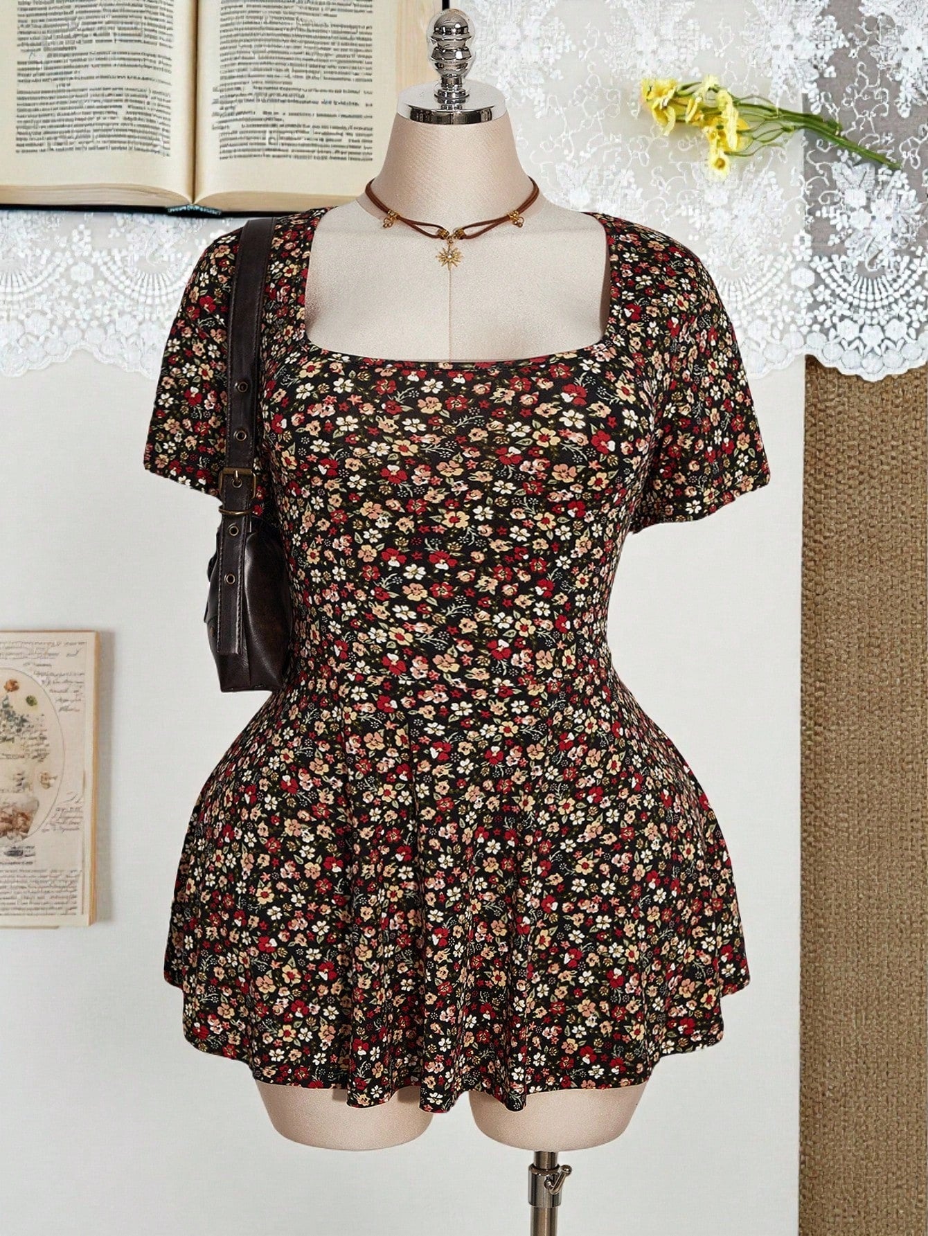 Plus Size Floral Square Neck Romper – Ruffle Hem Stretch Jumpsuit Shorts with Pockets