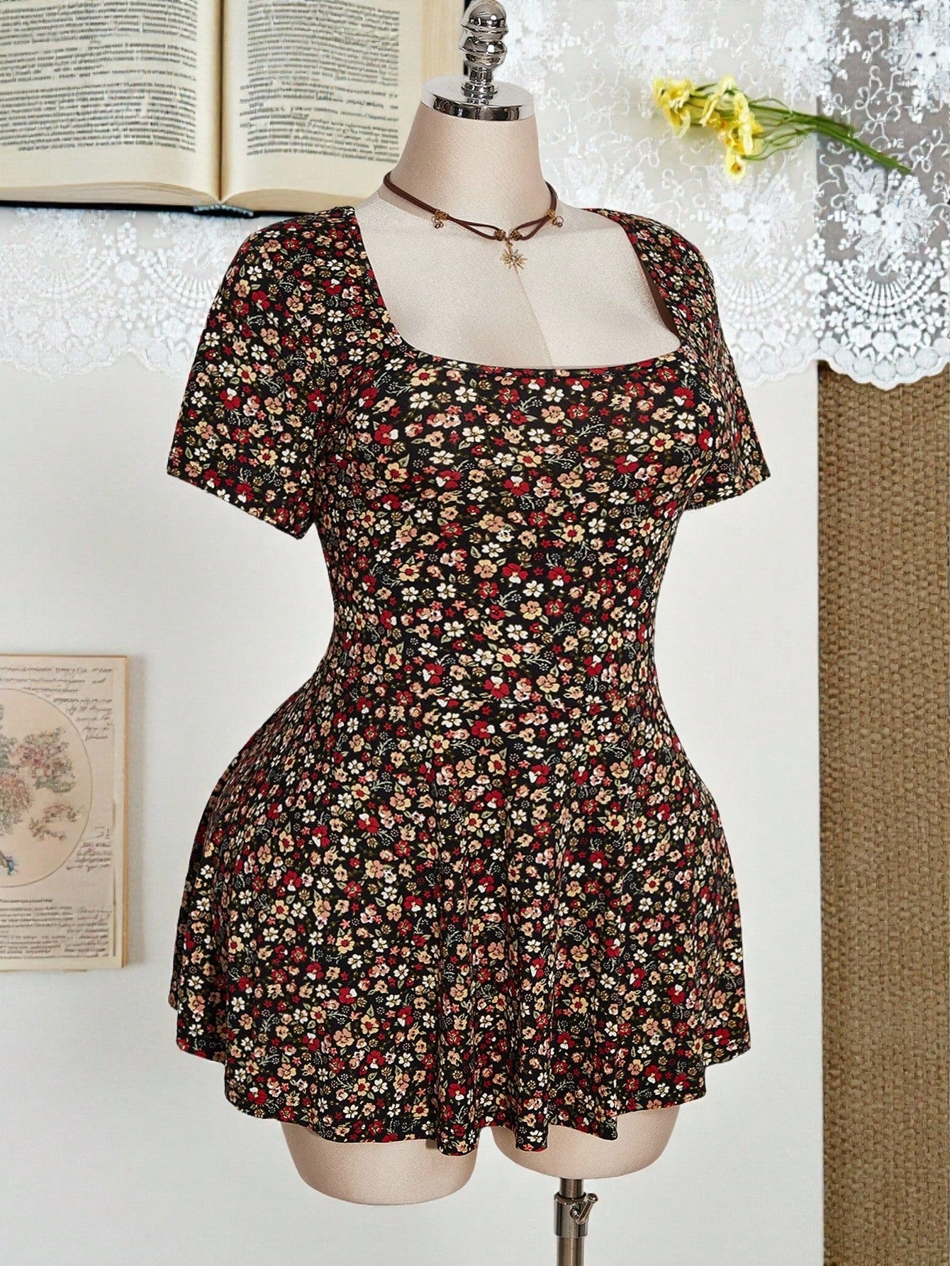 Plus Size Floral Square Neck Romper – Ruffle Hem Stretch Jumpsuit Shorts with Pockets