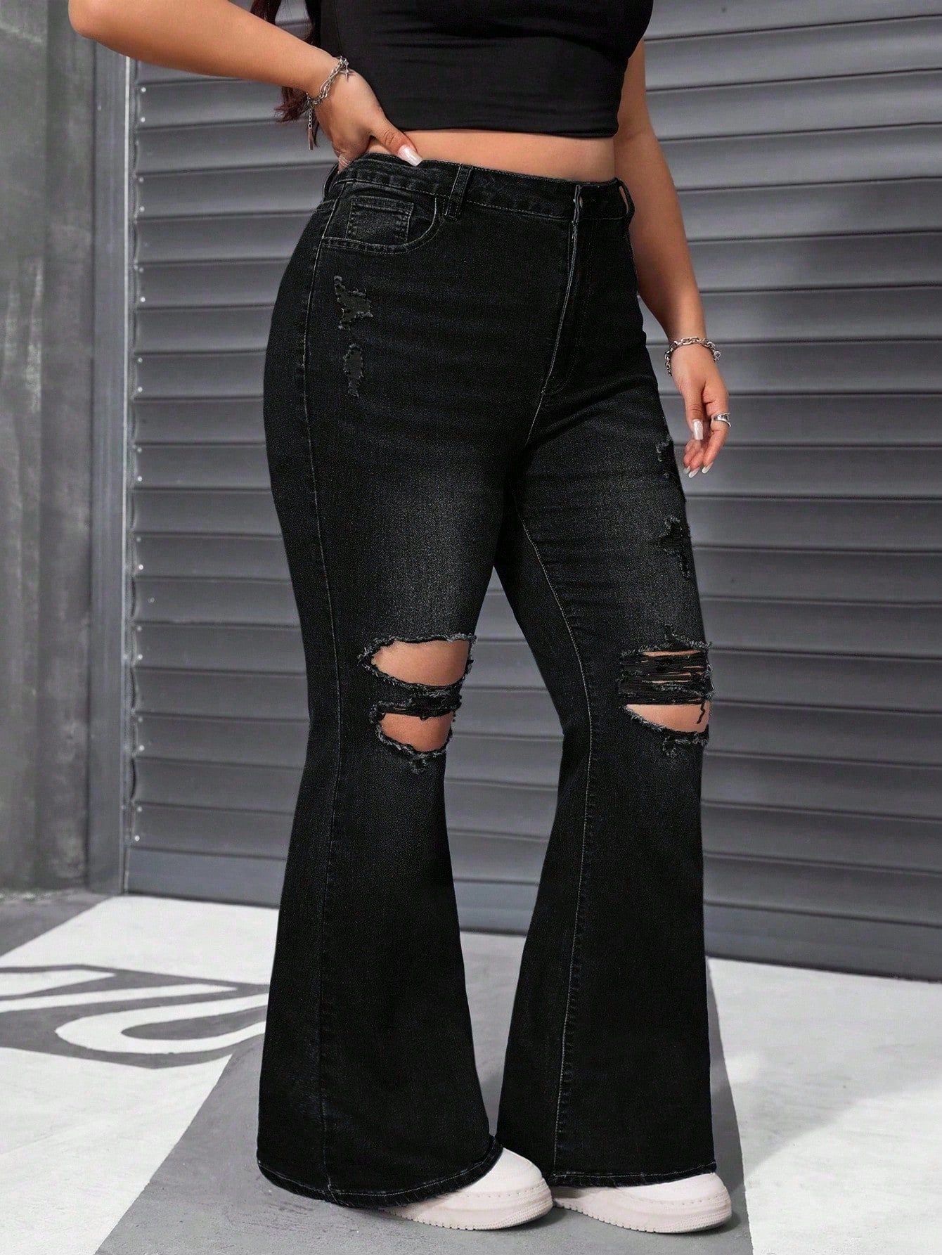 Plus Size Distressed Flare Jeans – Dark Blue Skinny Stretch Y2K Denim Pants for Women