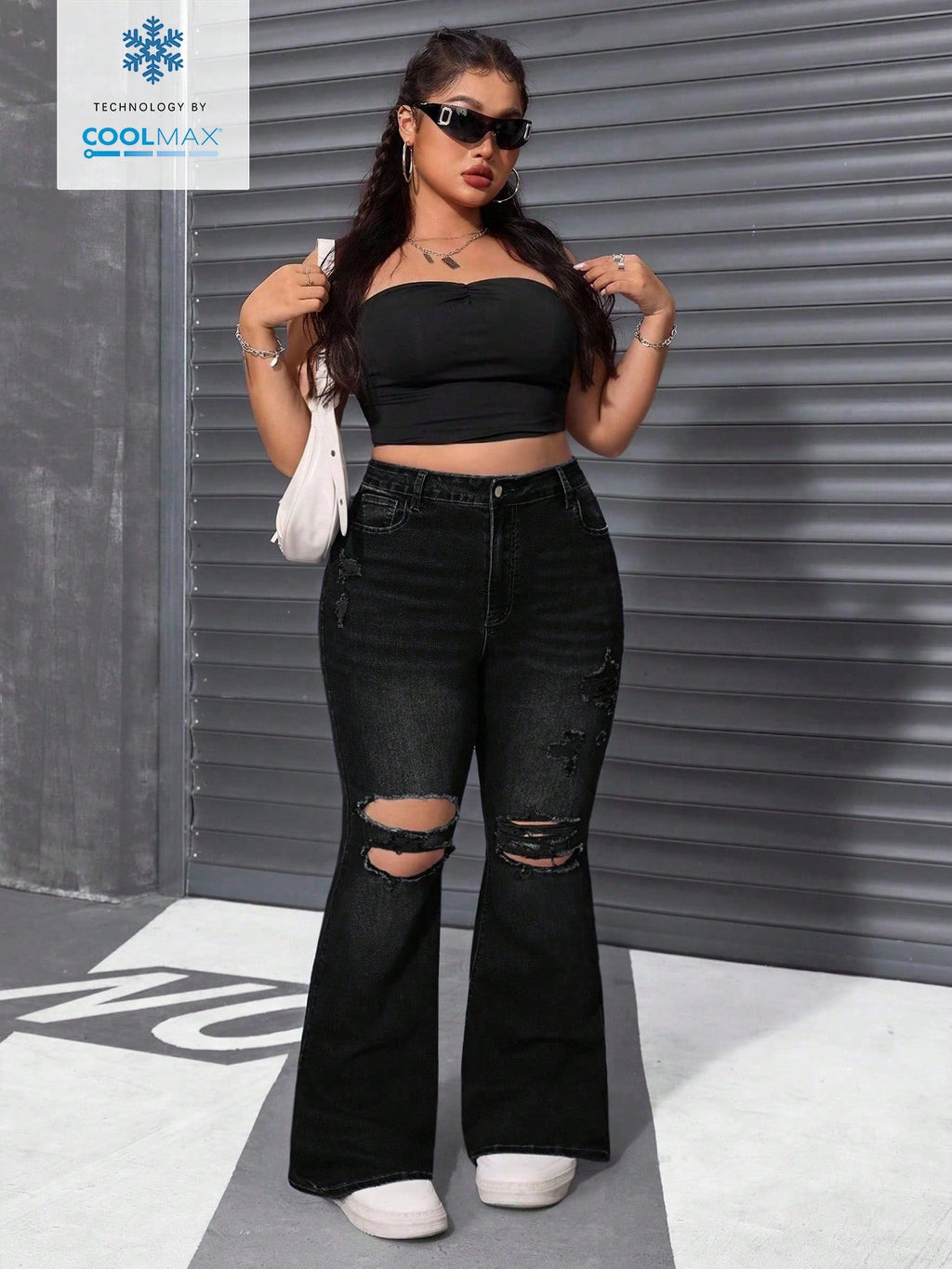 Plus Size Distressed Flare Jeans – Dark Blue Skinny Stretch Y2K Denim Pants for Women