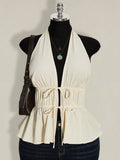 Plus Size Halter Neck Tie Front Blouse – Backless Ruffle Hem Vacation Top for Women