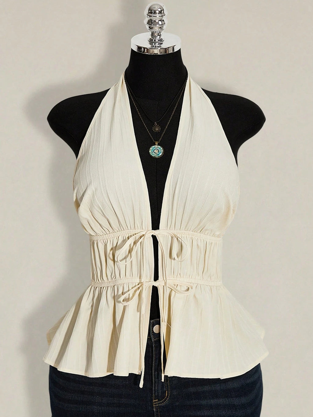Plus Size Halter Neck Tie Front Blouse – Backless Ruffle Hem Vacation Top for Women